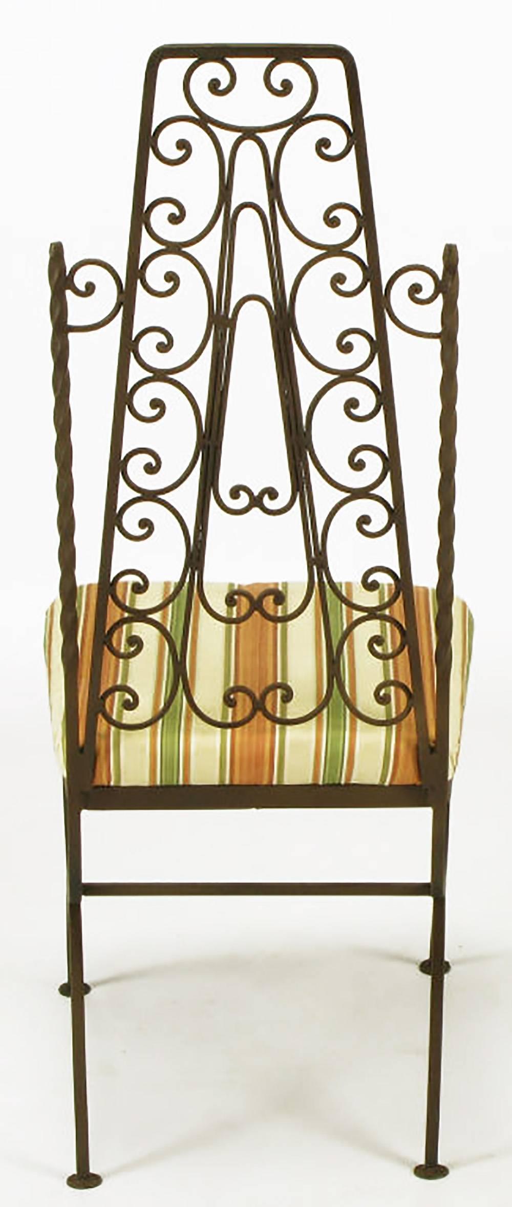 Lacquered Four Spanish Revival Wrought Iron Filigree Dining Chairs For Sale