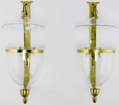 Pair of Large Sarreid Large Handblown Glass and Brass Hurricane Sconces