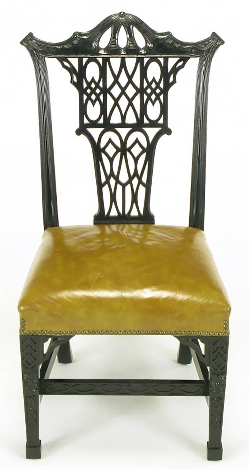 Eight Chinese Chippendale Ebonized Mahogany Dining Chairs