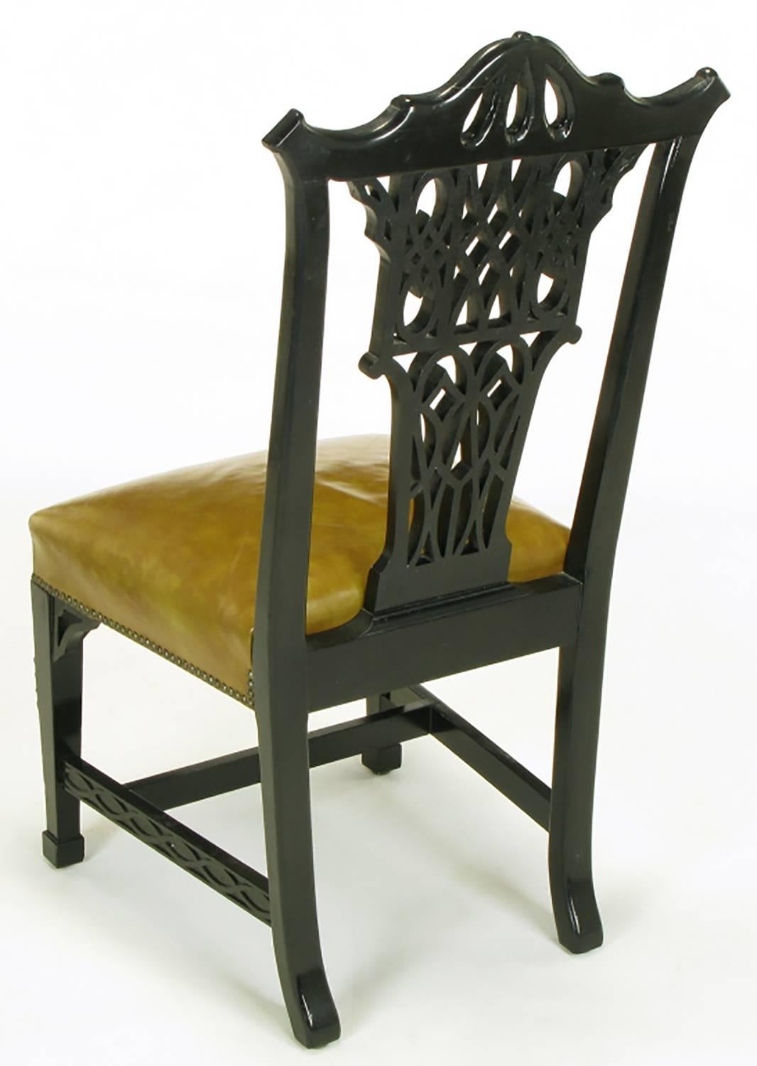 Eight Chinese Chippendale Ebonized Mahogany Dining Chairs with Leather Seats In Good Condition In Chicago, IL