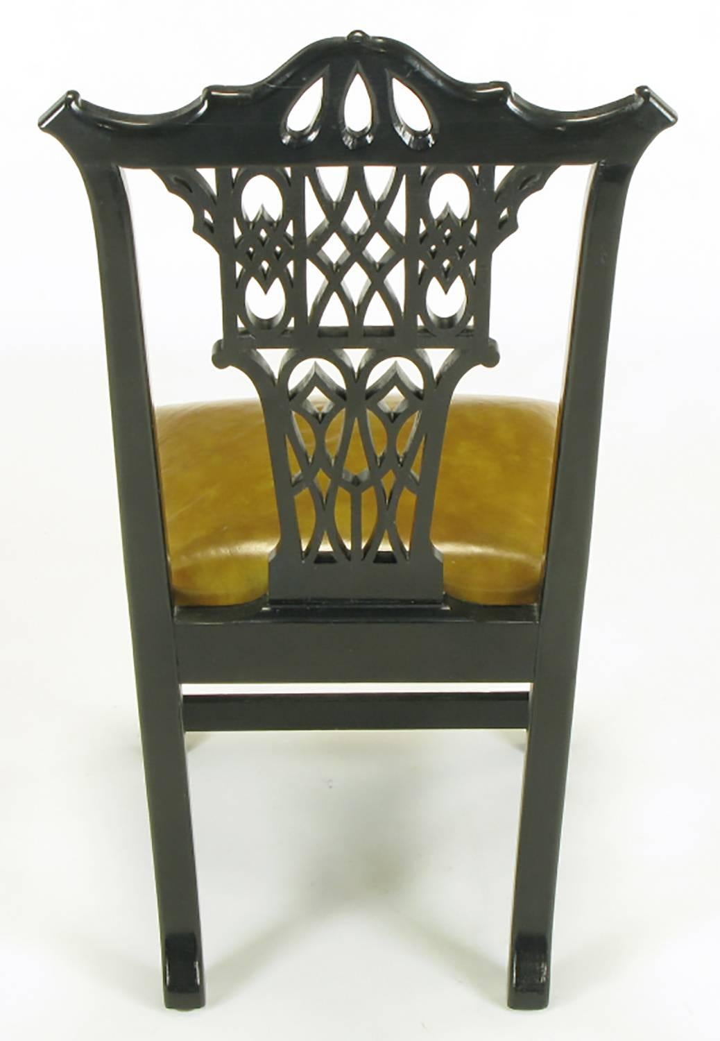 Mid-20th Century Eight Chinese Chippendale Ebonized Mahogany Dining Chairs with Leather Seats