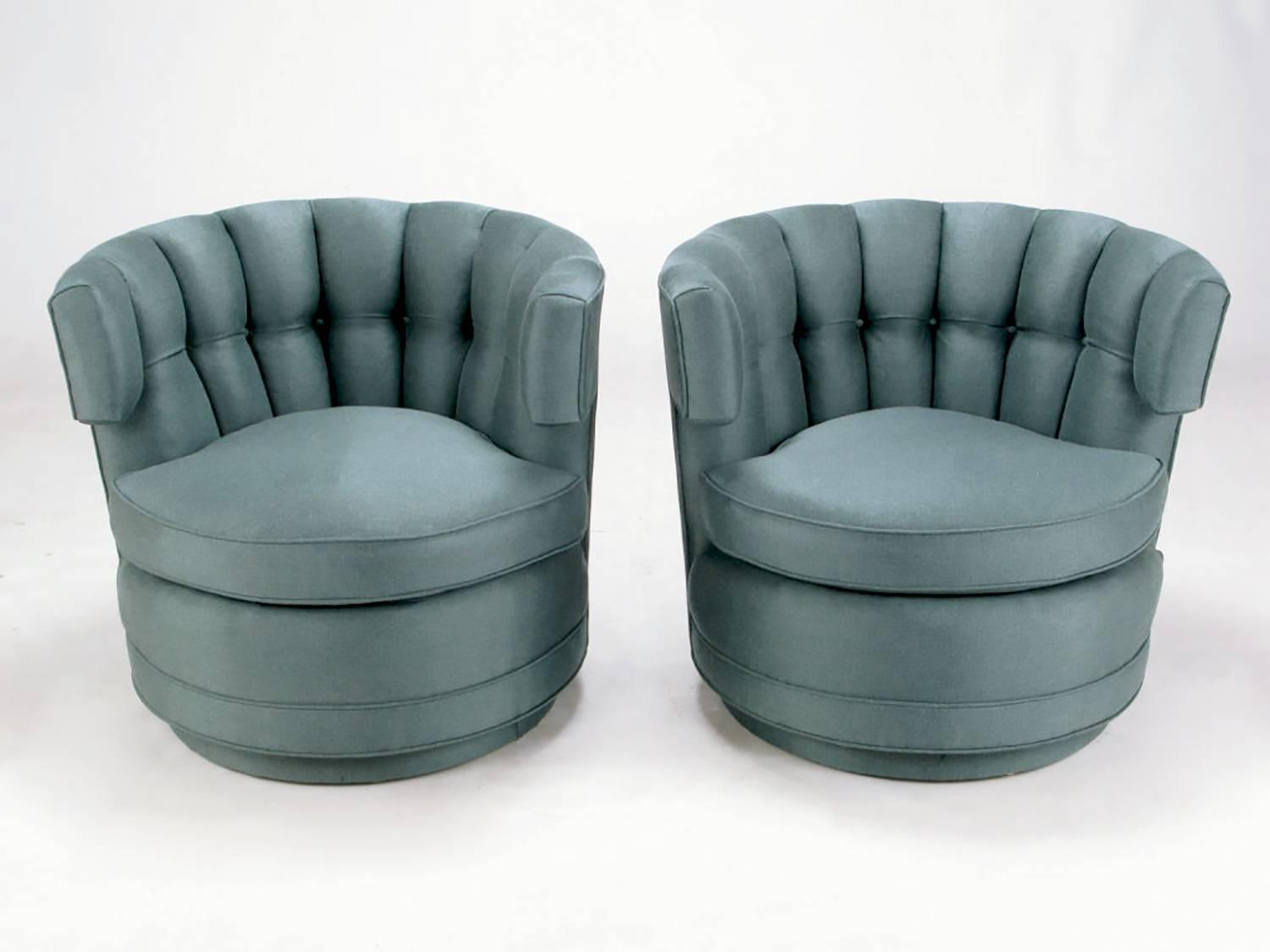 Pair of Cadet-Blue Wool Felt Button-Tufted Swivel Barrel Chairs For