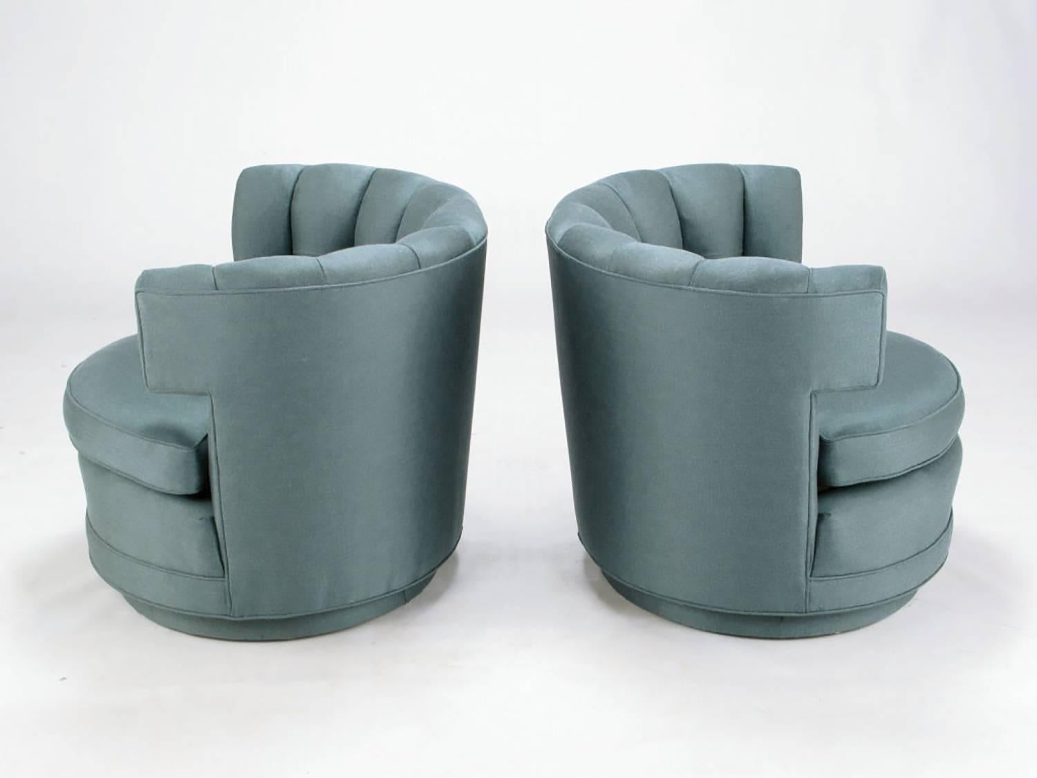Pair of Cadet-Blue Wool Felt Button-Tufted Swivel Barrel Chairs In Excellent Condition In Chicago, IL