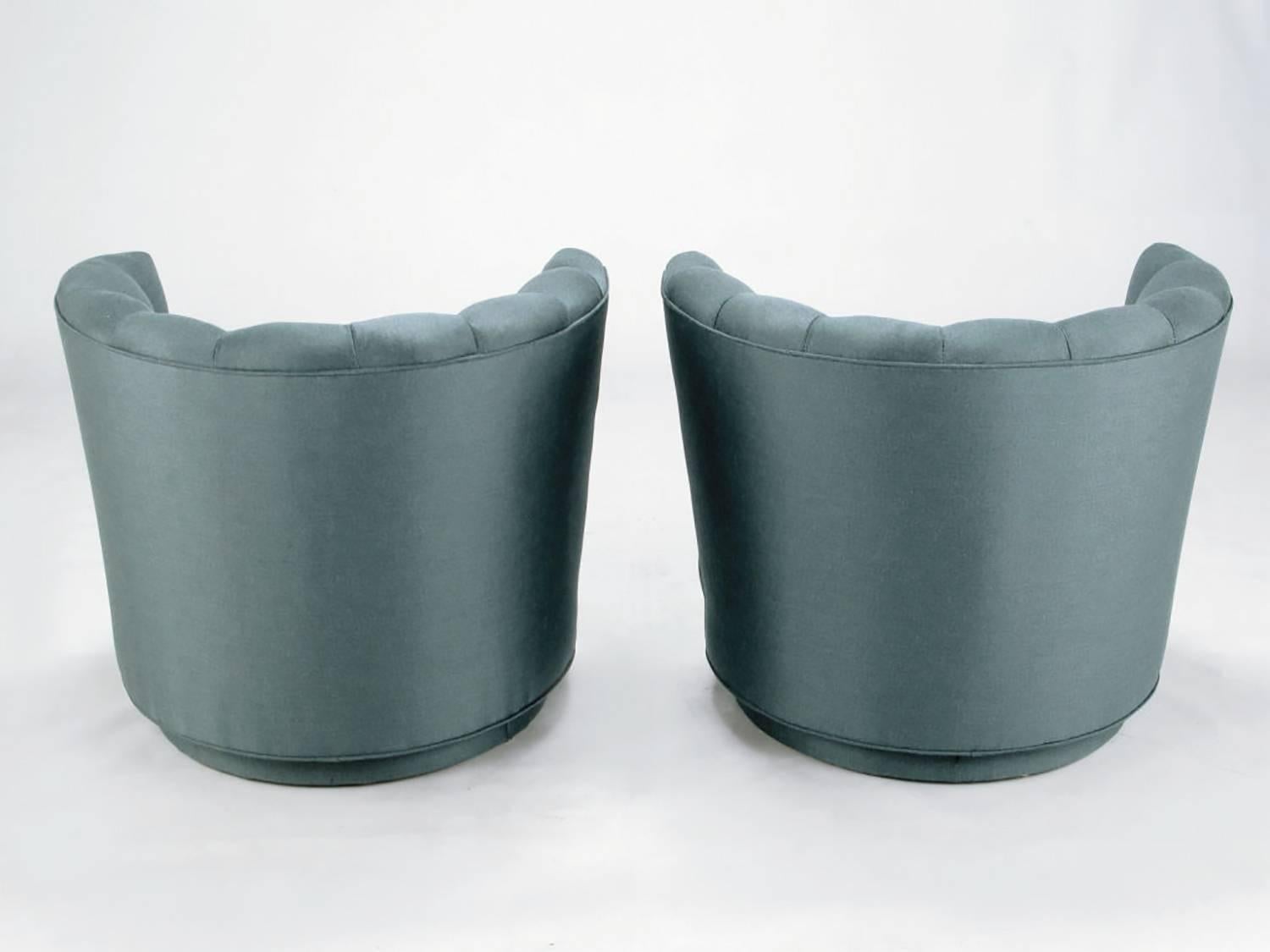 Mid-20th Century Pair of Cadet-Blue Wool Felt Button-Tufted Swivel Barrel Chairs