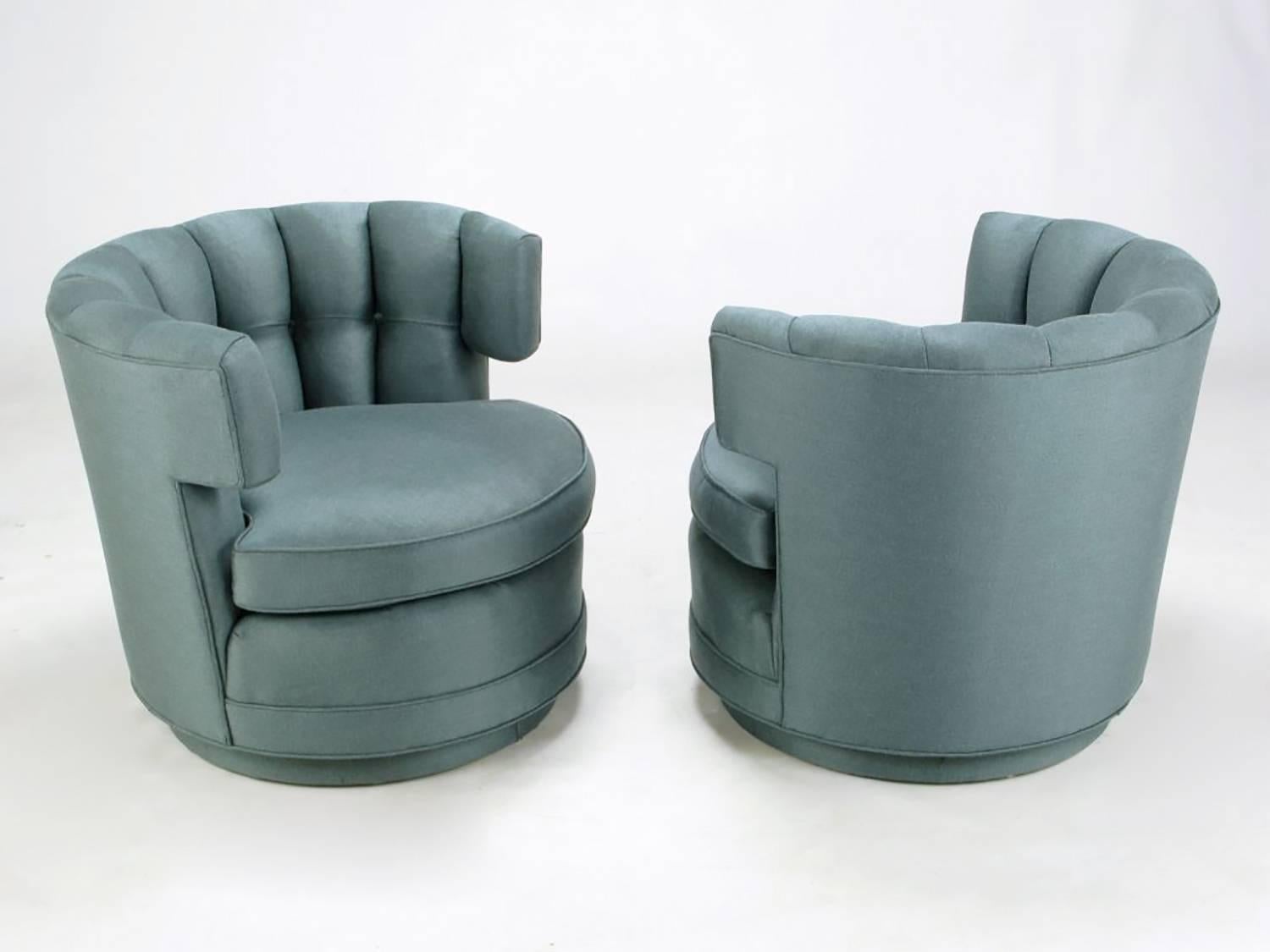 Wood Pair of Cadet-Blue Wool Felt Button-Tufted Swivel Barrel Chairs
