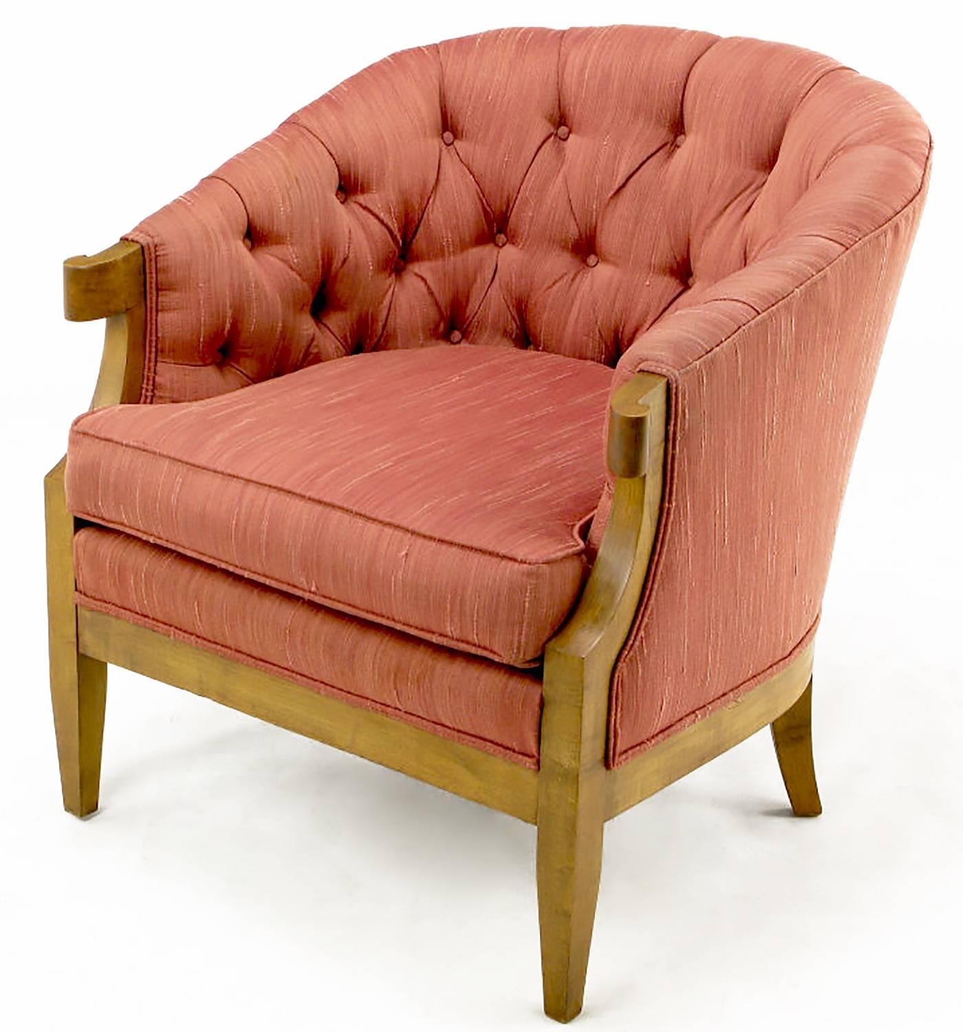 A wonderfully cared for button tufted rose silk barrel back club chair by Winsor White and William Millington for Baker Furniture's 1954 Continental Collection. Rarer and slightly larger version of similarly designed turned-arm lounge chairs.