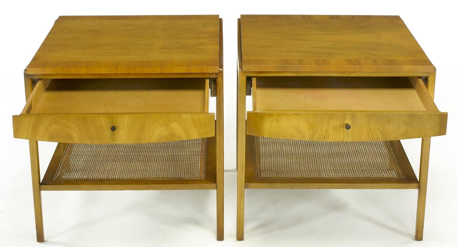 American Pair Widdicomb Bleached Walnut & Cane Single Drawer End Tables For Sale