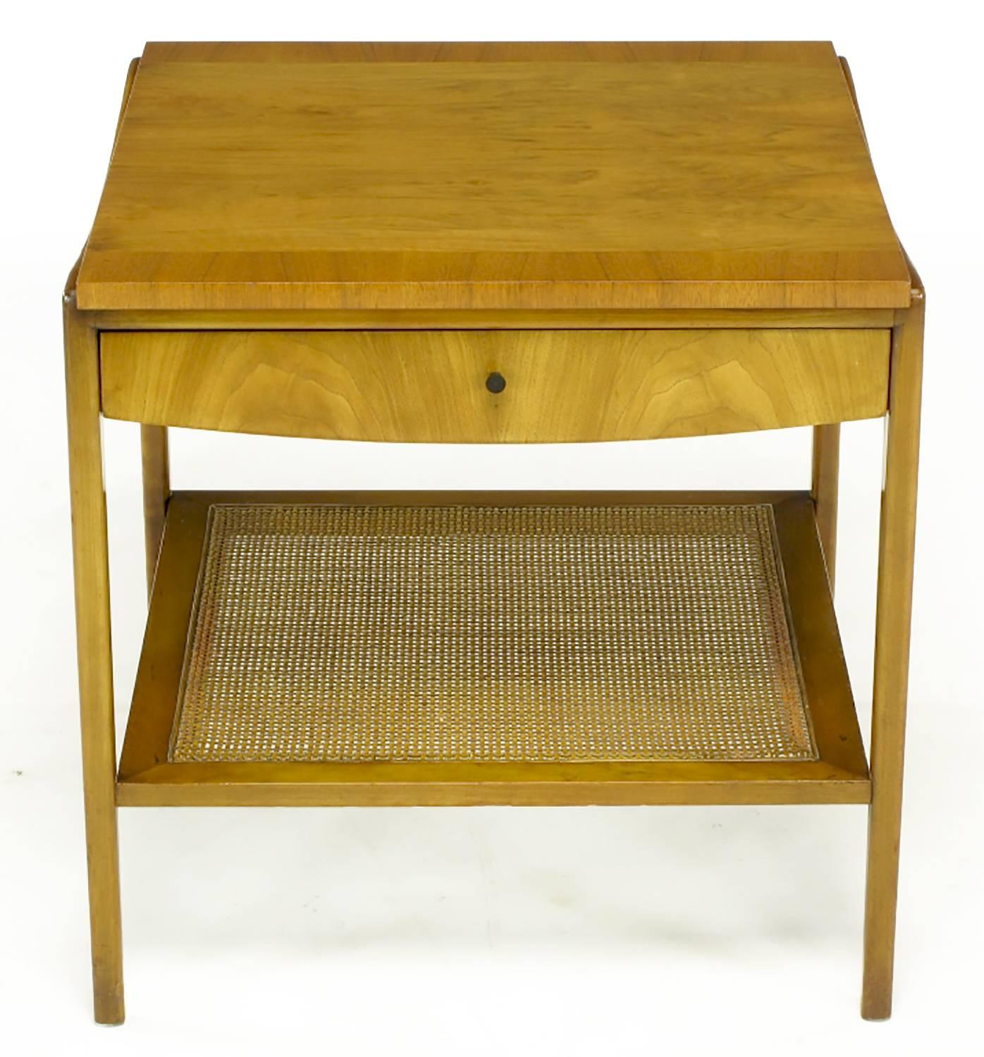 Pair Widdicomb Bleached Walnut & Cane Single Drawer End Tables In Excellent Condition For Sale In Chicago, IL