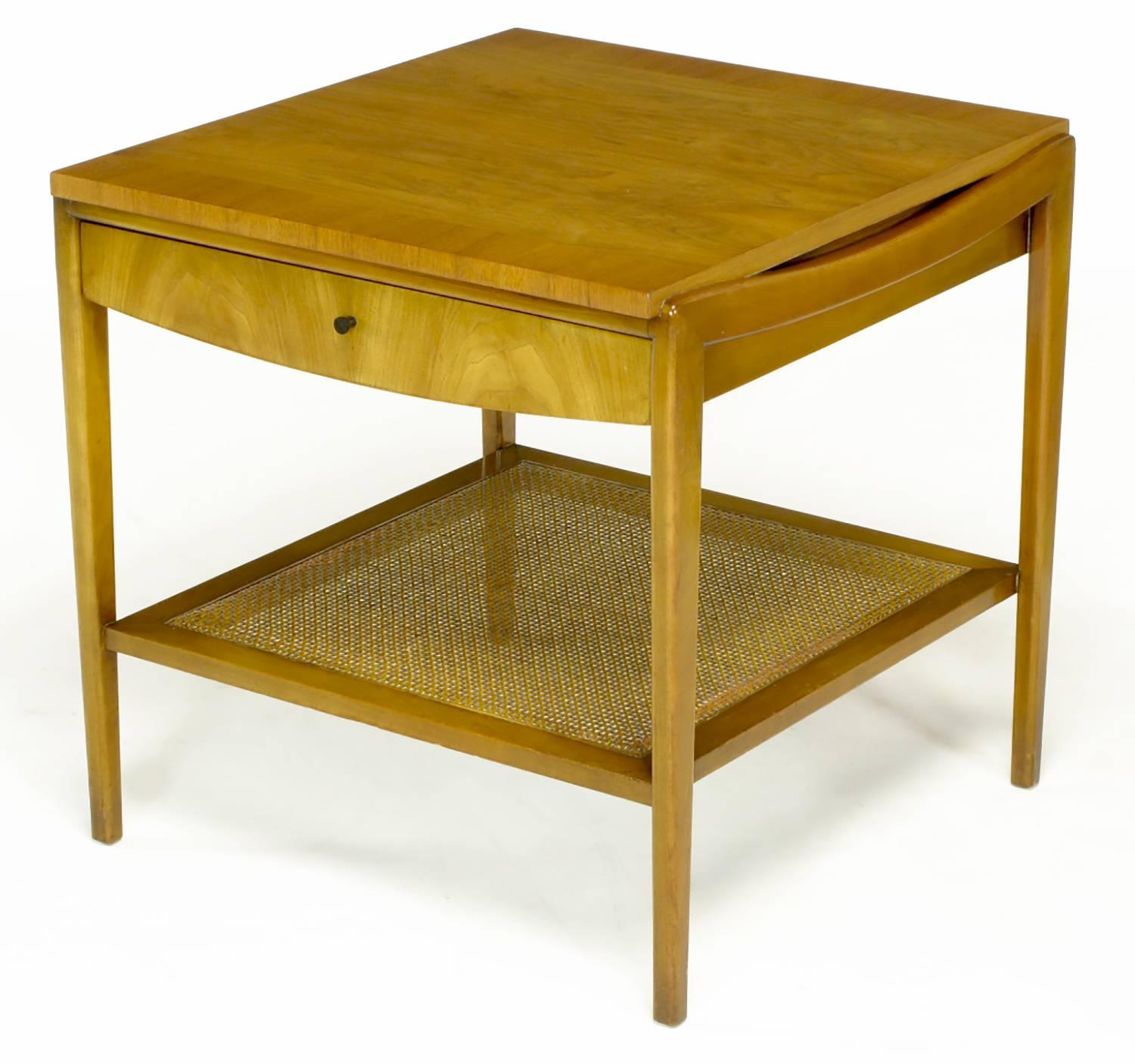 Mid-20th Century Pair Widdicomb Bleached Walnut & Cane Single Drawer End Tables For Sale
