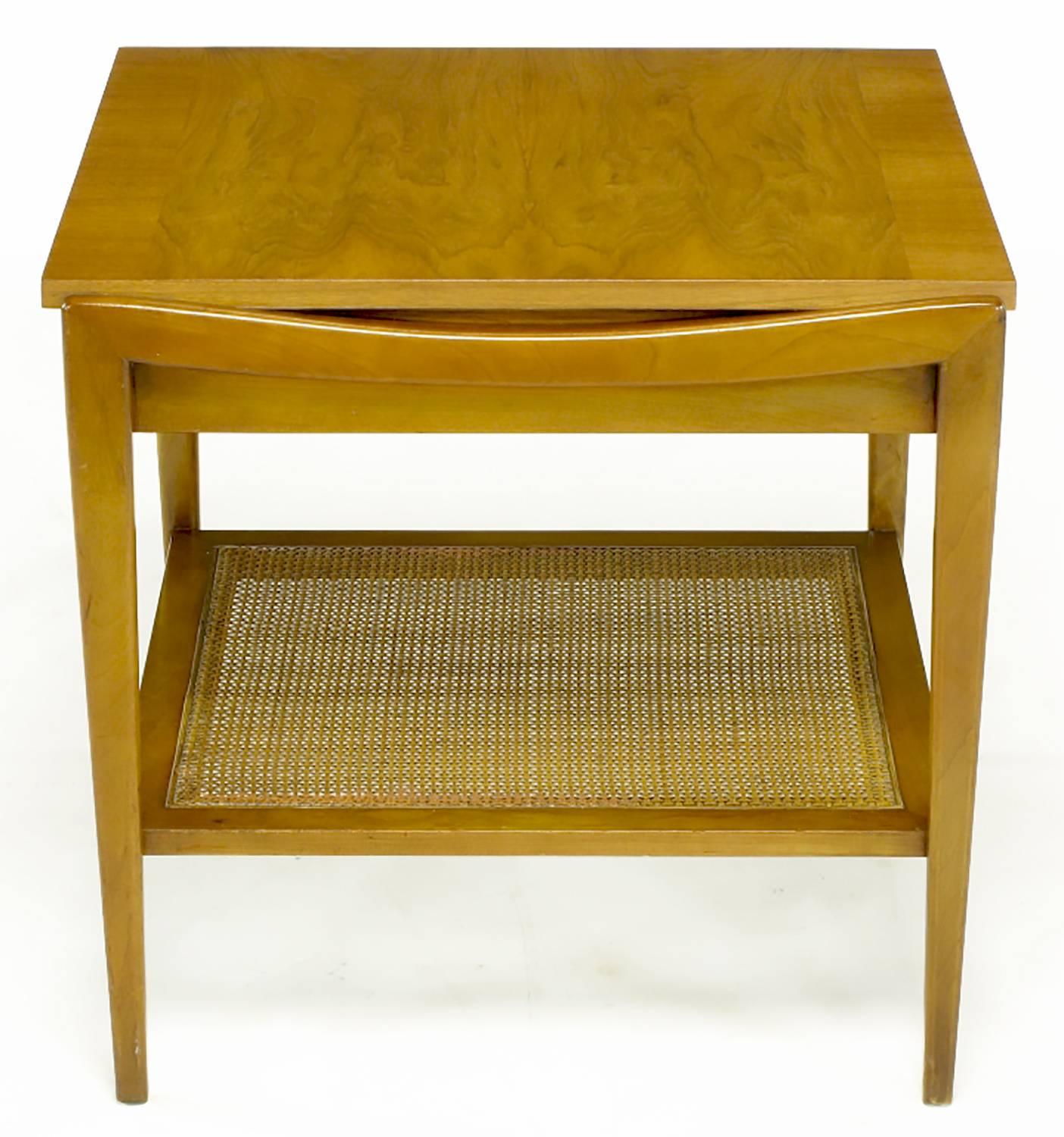 Metal Pair Widdicomb Bleached Walnut & Cane Single Drawer End Tables For Sale