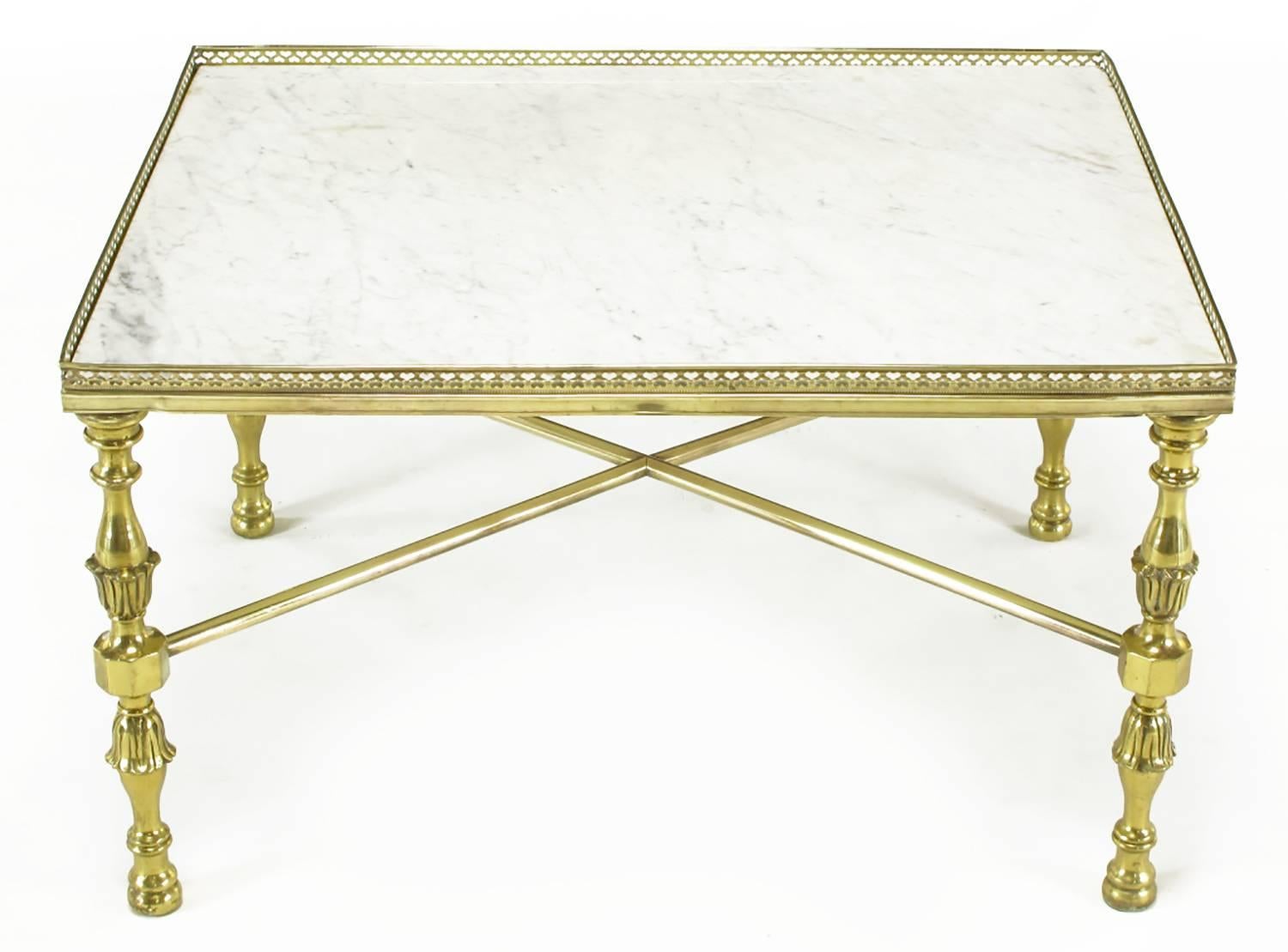 Italian Brass Gallery and Carrara Marble Regency X-Base Side Tables For Sale