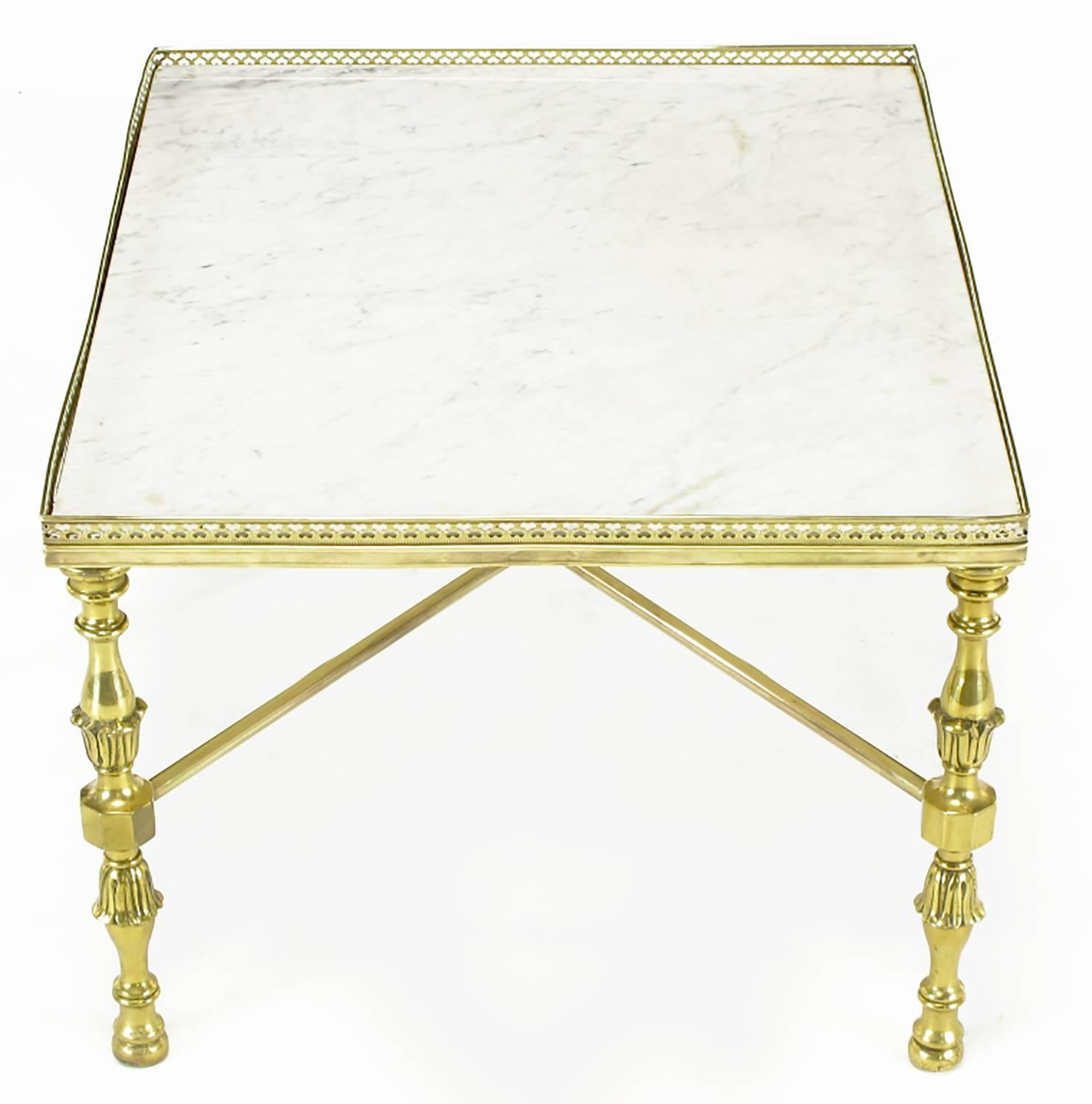 Brass Gallery and Carrara Marble Regency X-Base Side Tables In Good Condition For Sale In Chicago, IL