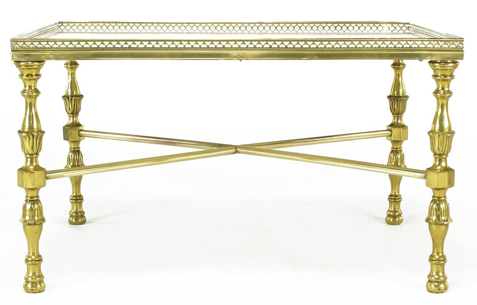 Mid-20th Century Brass Gallery and Carrara Marble Regency X-Base Side Tables For Sale