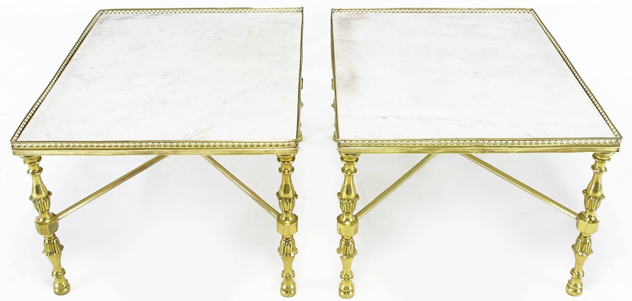 Brass Gallery and Carrara Marble Regency X-Base Side Tables For Sale 2