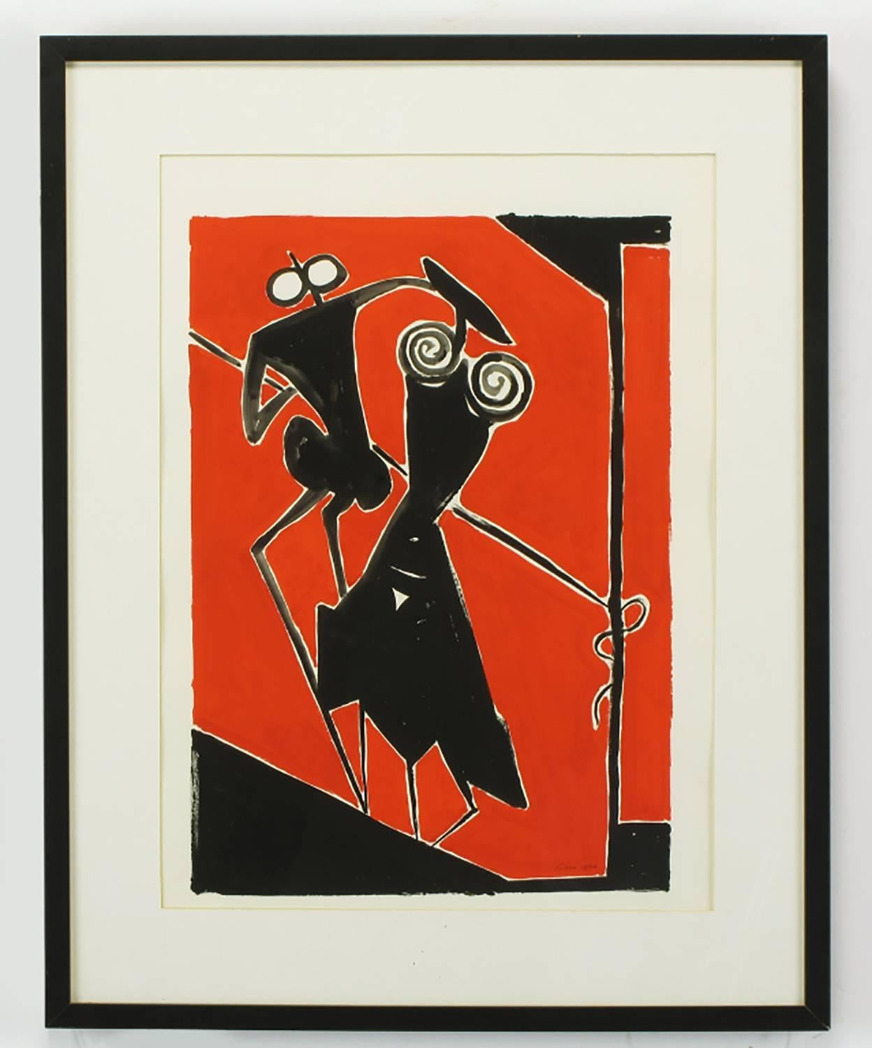 Abstract black and red gouache on card by artist, furniture and lighting designer, Ugo Sissa (1913-1980). Matted in a black lacquered wood frame, signed and dated lower right. Measures: Framed 30