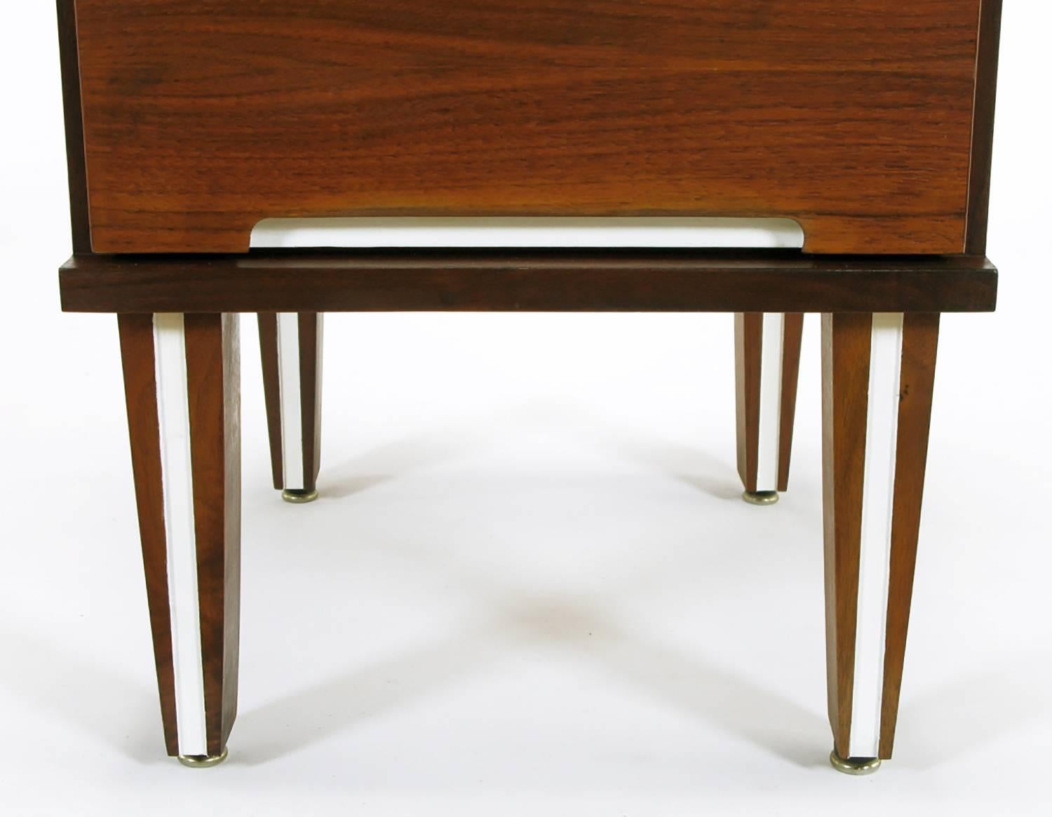 Mid-20th Century Walnut and White Micarta Three-Drawer Nightstand For Sale