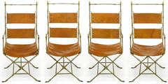 Four Custom Leather and Hand-Forged Iron X-Base Sling Chairs