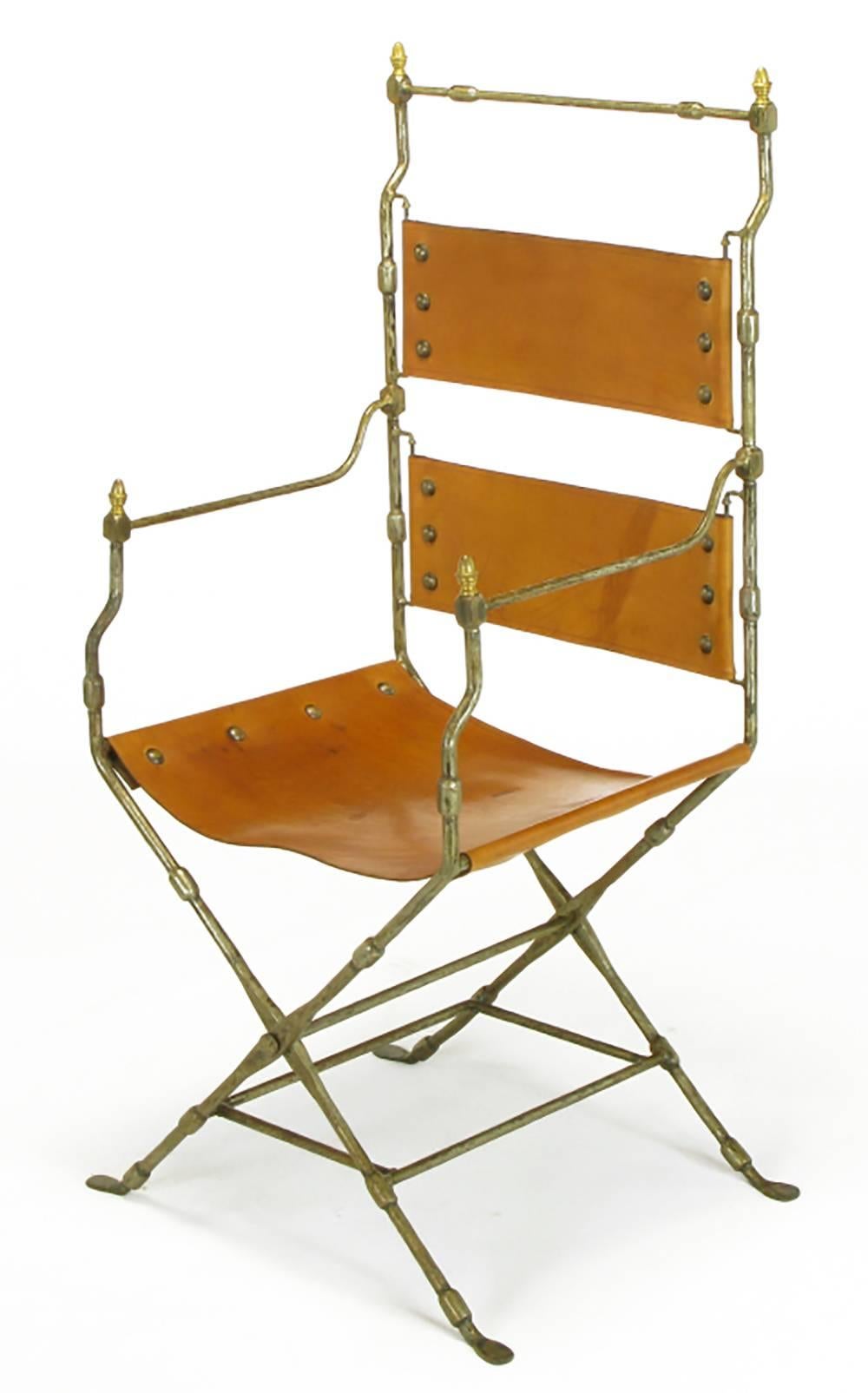 Italian Four Custom Leather and Hand-Forged Iron X-Base Sling Chairs For Sale