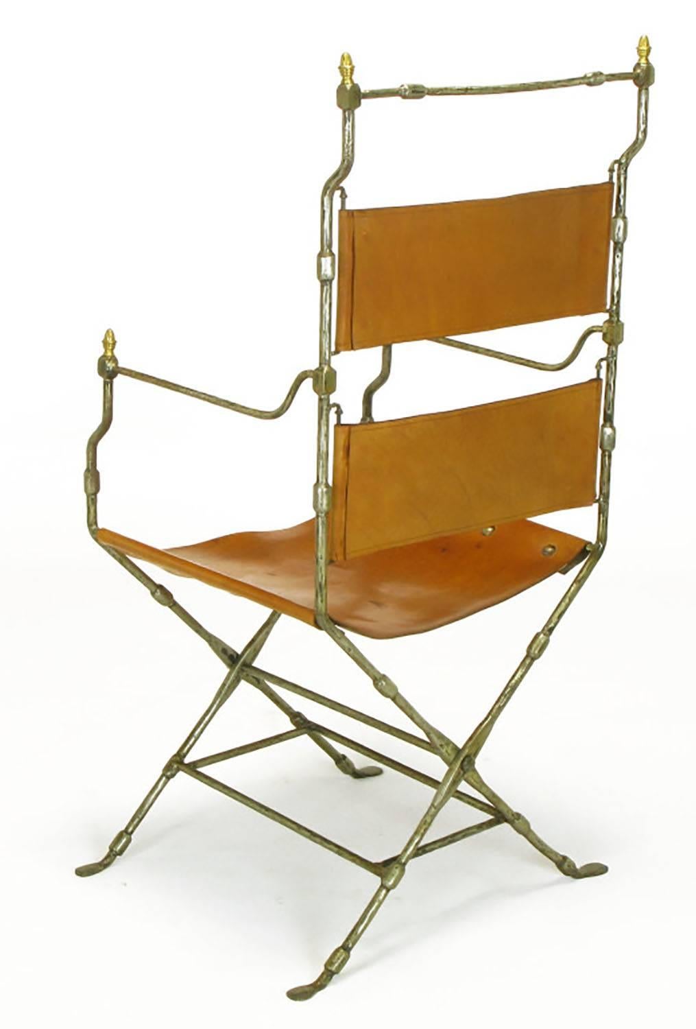 Mid-20th Century Four Custom Leather and Hand-Forged Iron X-Base Sling Chairs For Sale