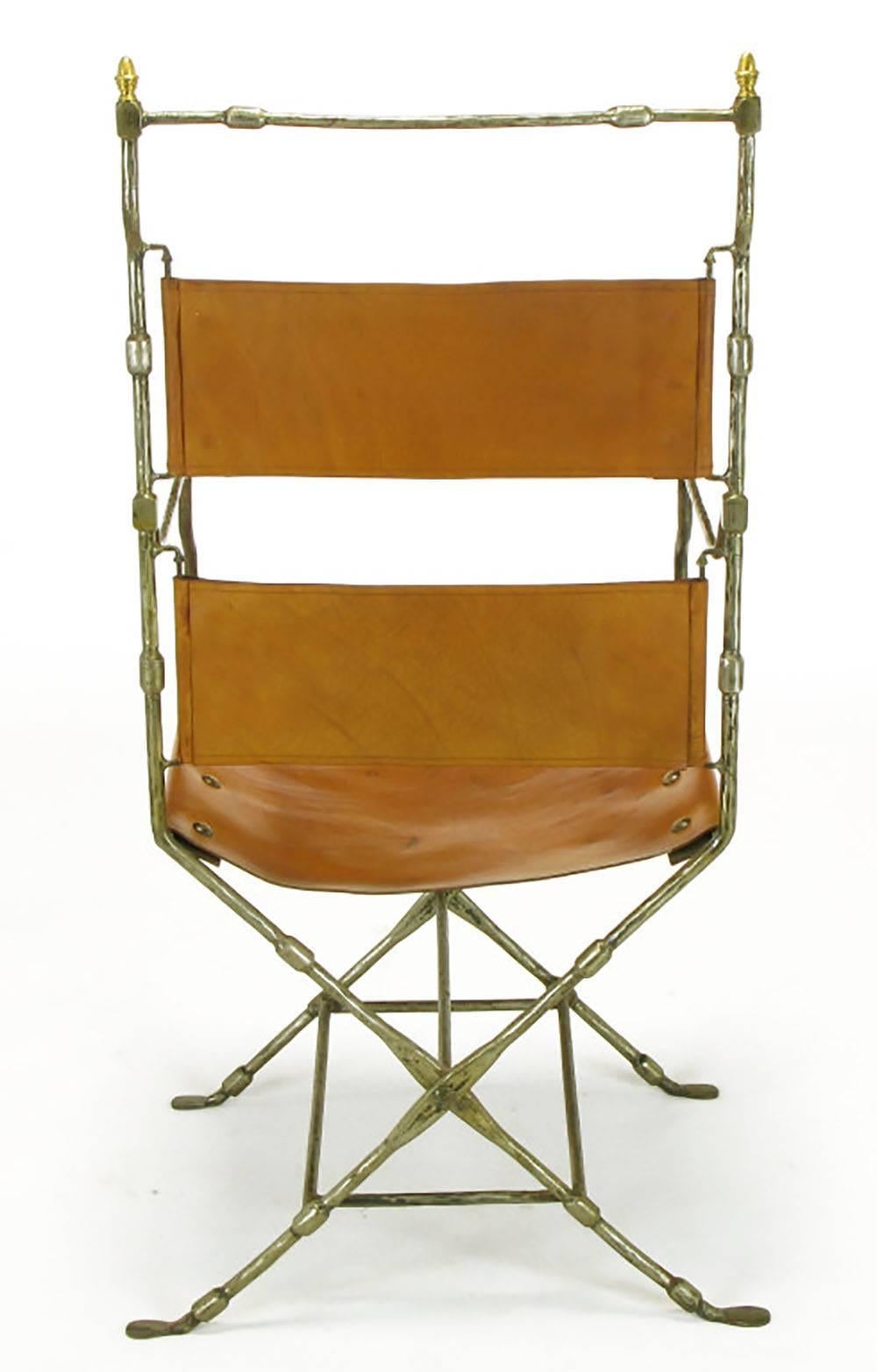 Brass Four Custom Leather and Hand-Forged Iron X-Base Sling Chairs For Sale
