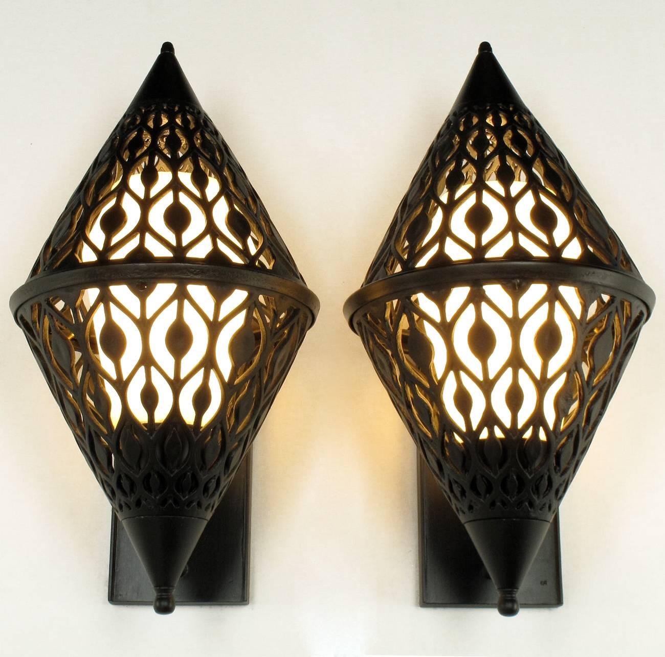 French Pair of Black Enamel Pierced Diamond Sconces with Internal Milk Glass Shades For Sale