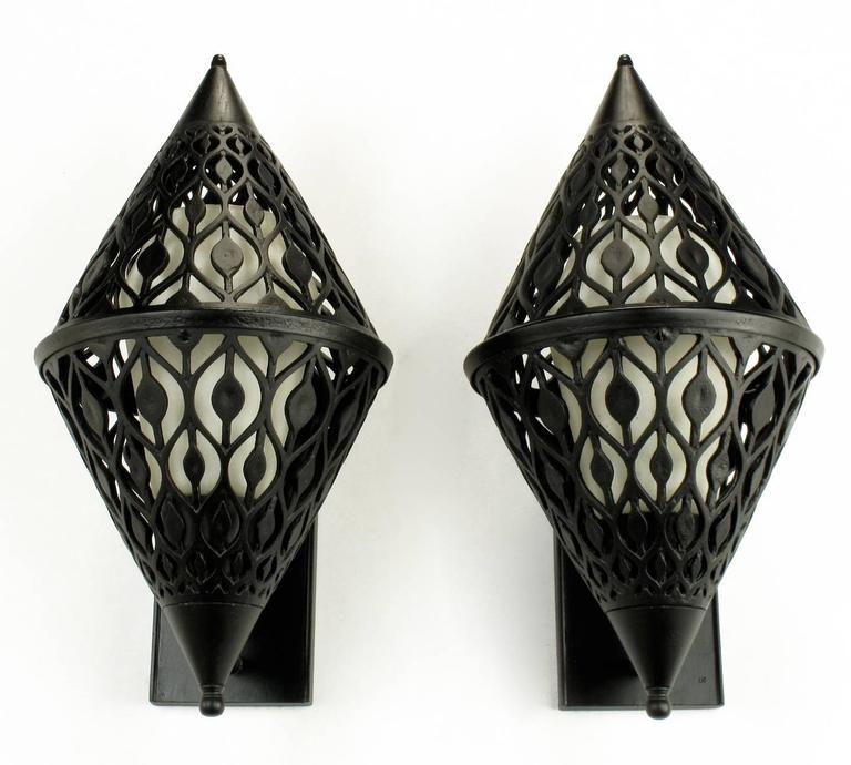 Pair of Black Enamel Pierced Diamond Sconces with Internal Milk Glass Shades In Good Condition For Sale In Chicago, IL