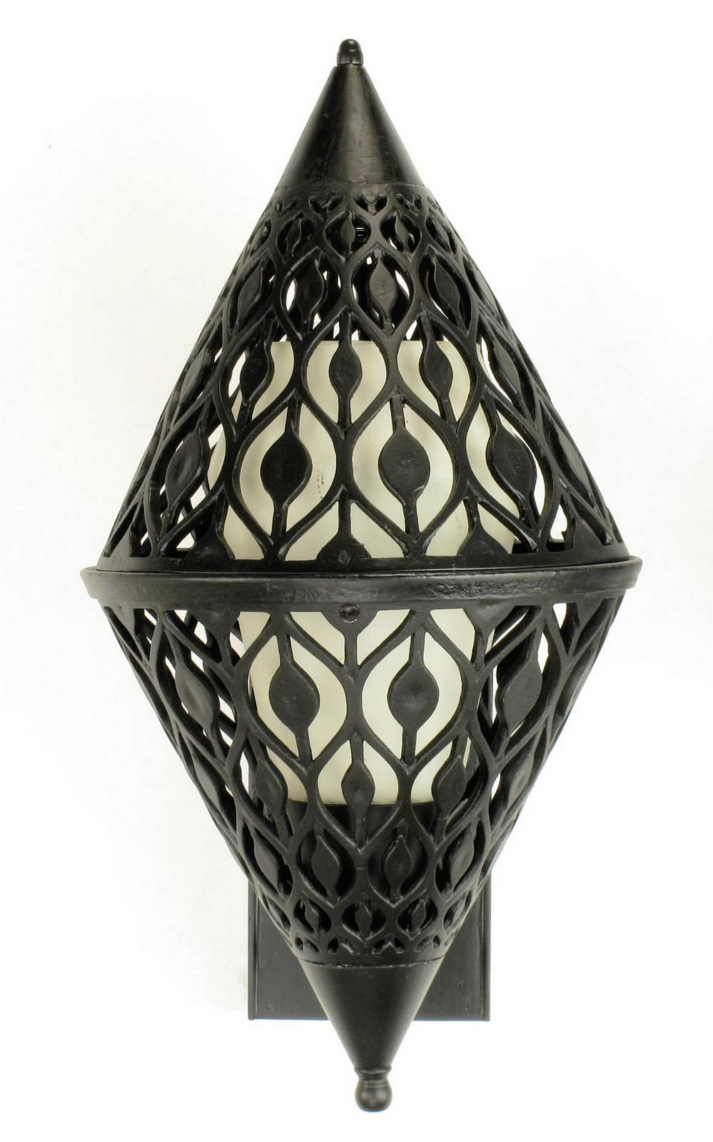 Mid-20th Century Pair of Black Enamel Pierced Diamond Sconces with Internal Milk Glass Shades