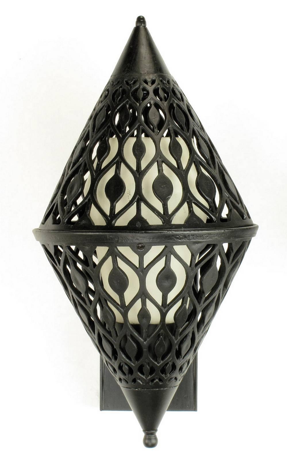 Mid-20th Century Pair of Black Enamel Pierced Diamond Sconces with Internal Milk Glass Shades For Sale