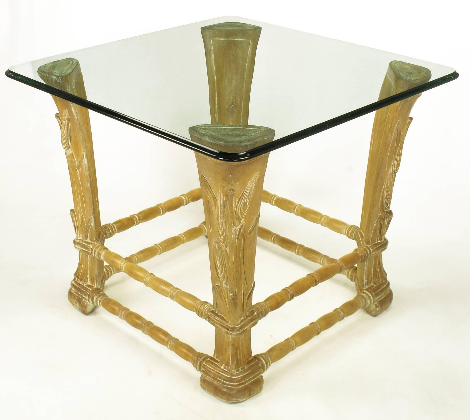 American Limed Alder Center Table with Carved Wheat Relief and Glass Top For Sale
