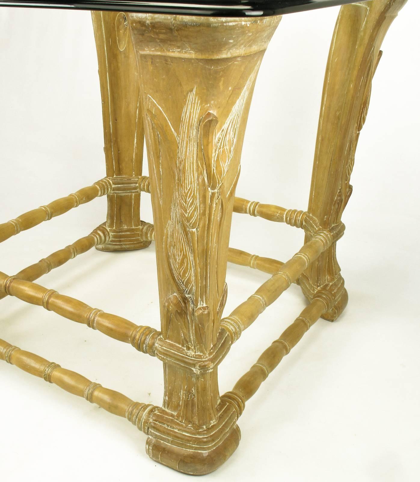 Limed Alder Center Table with Carved Wheat Relief and Glass Top In Excellent Condition For Sale In Chicago, IL