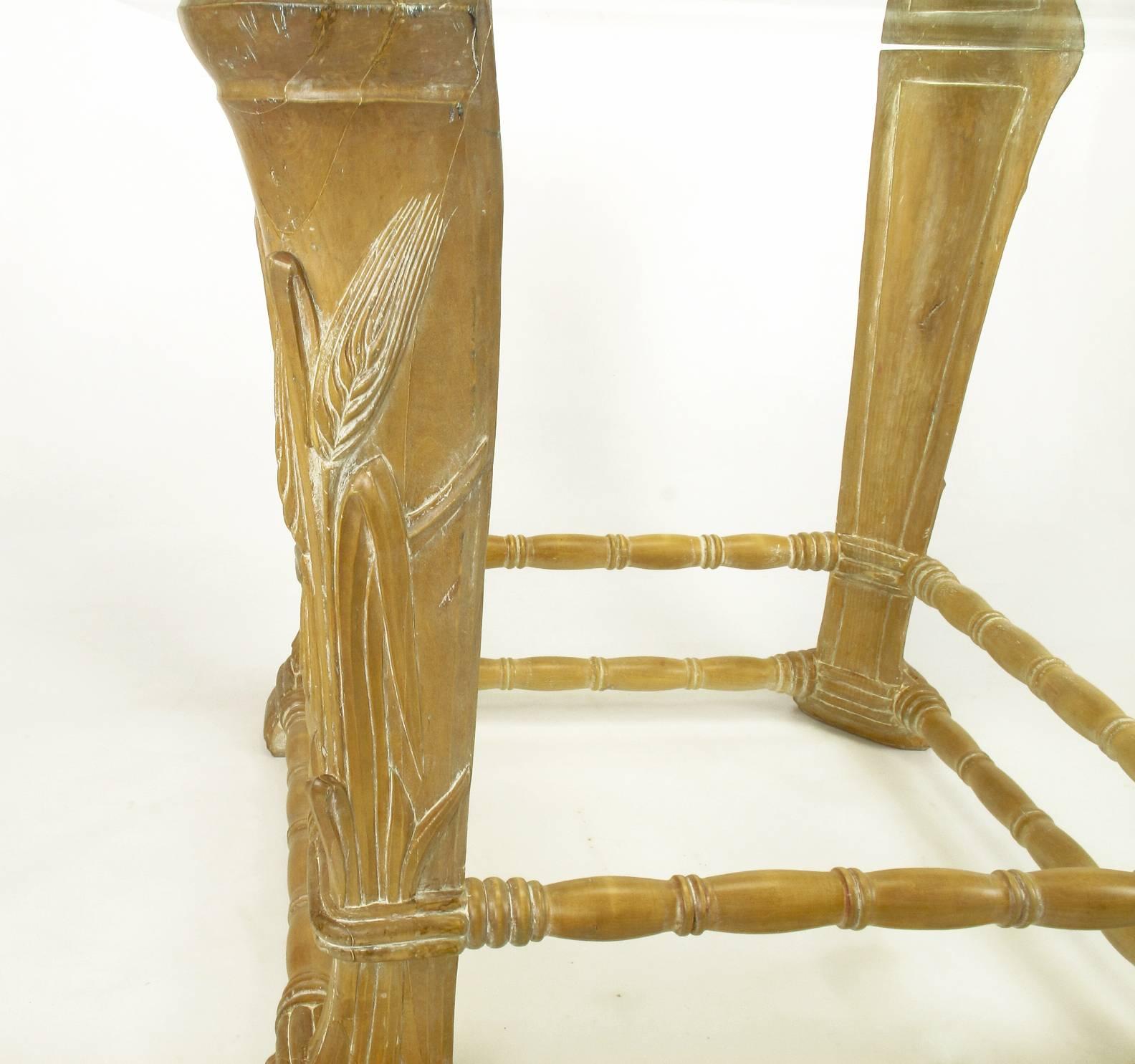 20th Century Limed Alder Center Table with Carved Wheat Relief and Glass Top For Sale