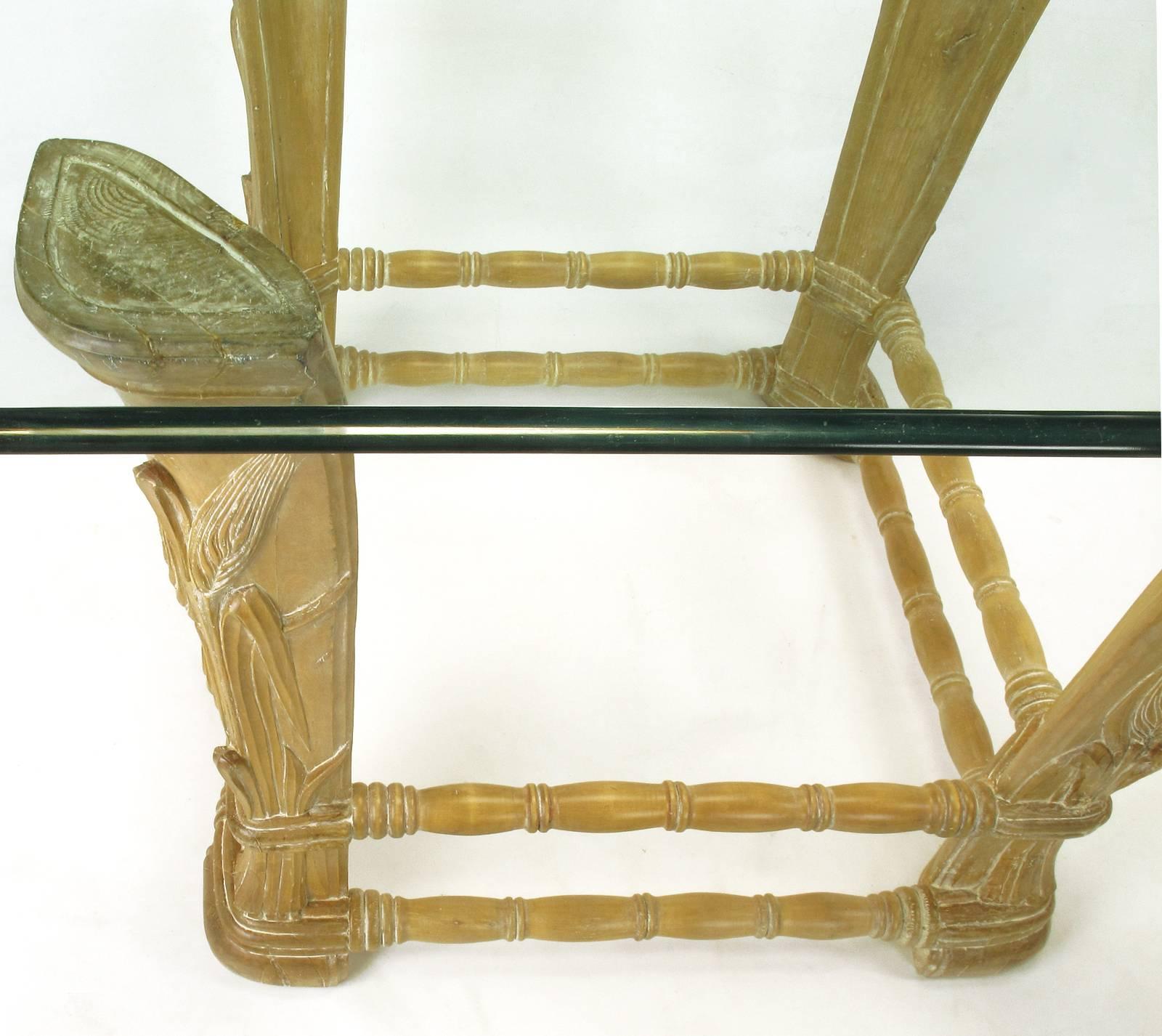 Limed Alder Center Table with Carved Wheat Relief and Glass Top For Sale 2