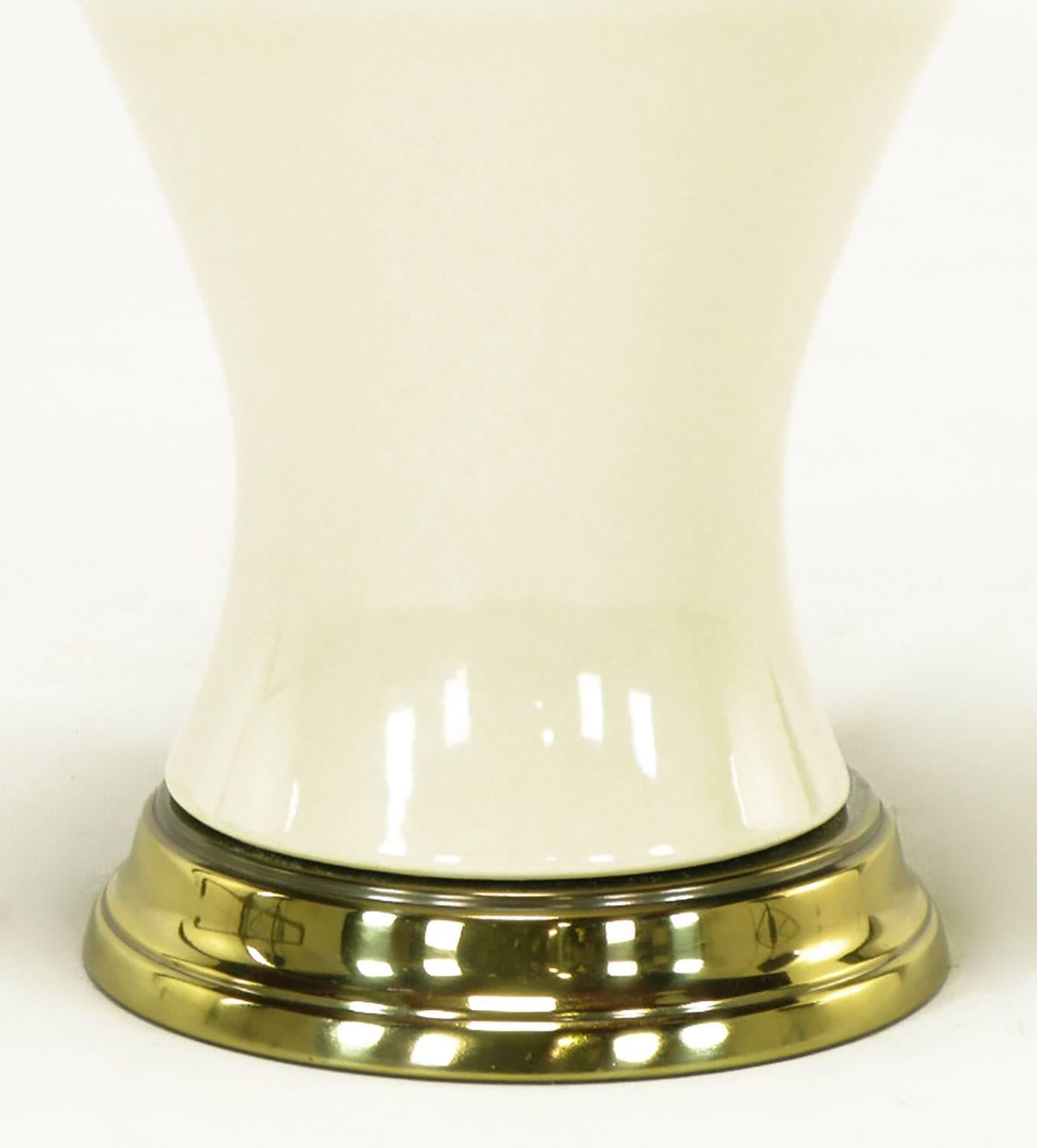 Brass Pair of Ivory Glazed Curvaceous Vase Form Ceramic Table Lamps For Sale