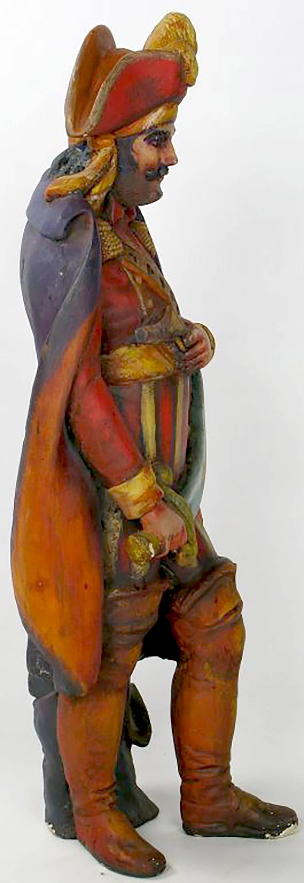 Custom 1950s Polychrome Carved Wood Statue of Jean Lafitte In Good Condition In Chicago, IL