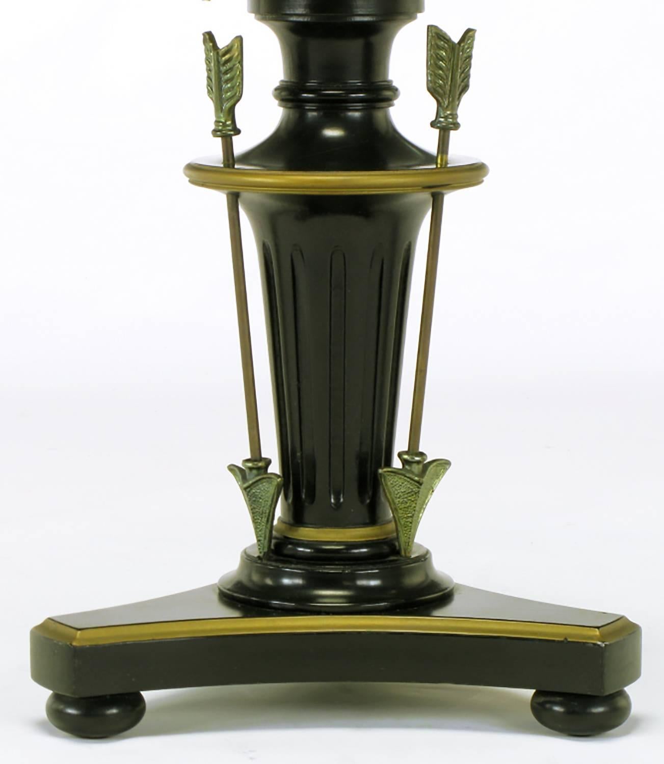 Glass Pair of Black Lacquer & Parcel Gilt Empire Side Tables with Arrow Details For Sale
