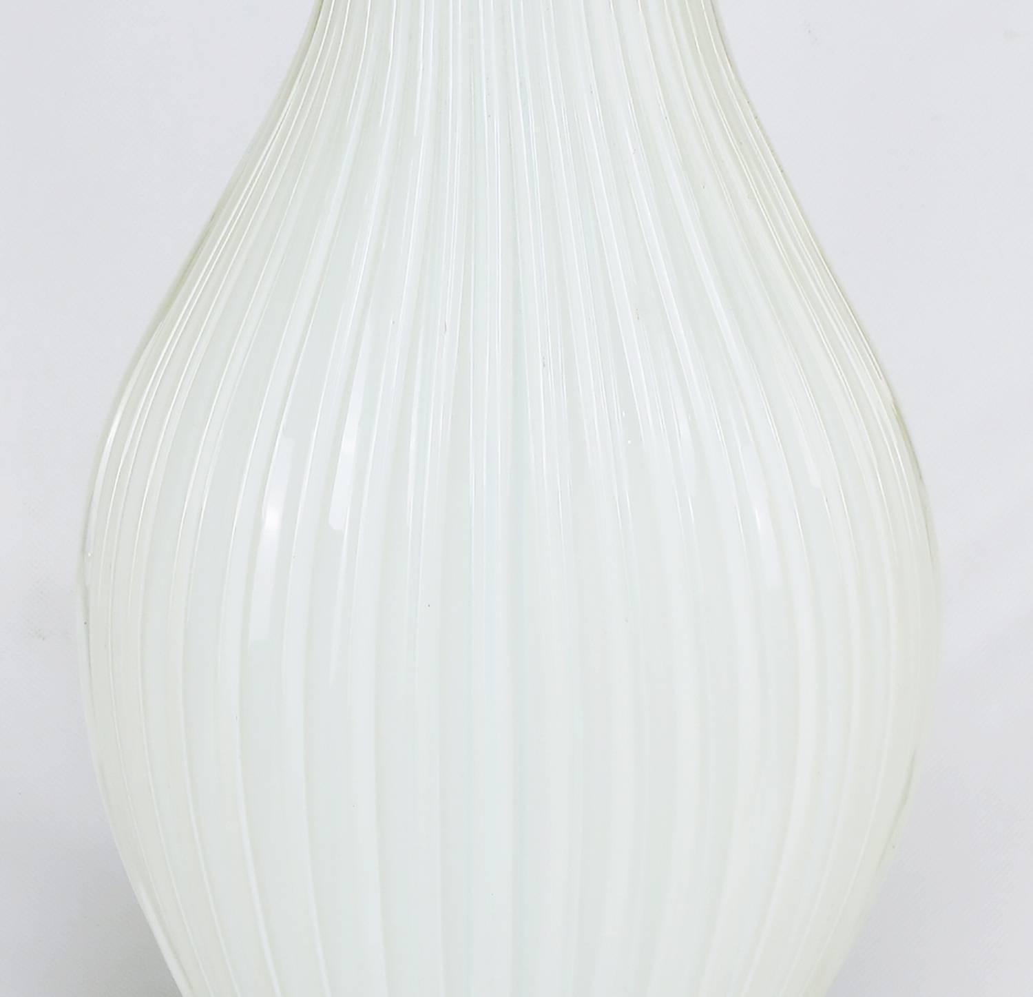 Murano Glass Murano Ribbed Gourd-Form White Opaline Glass Table Lamp For Sale