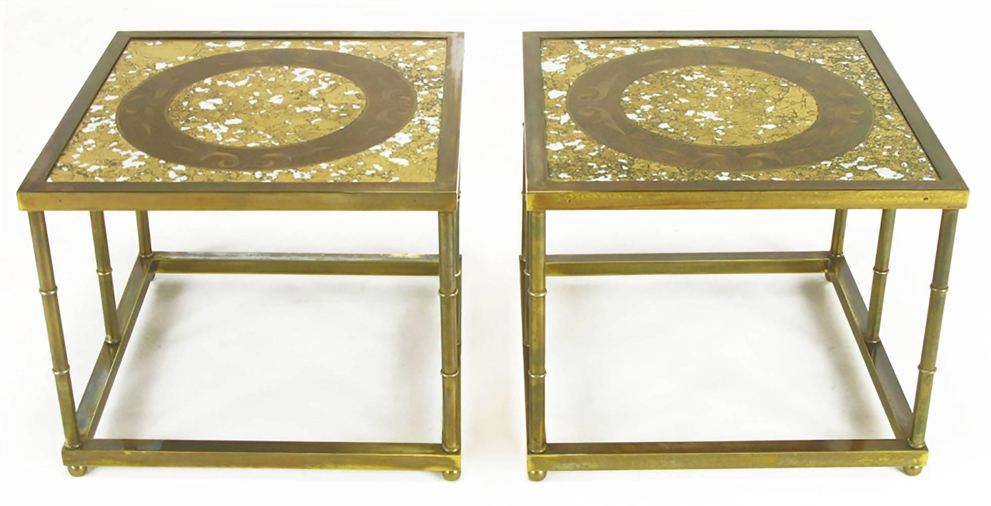 American Pair of Mastercraft Patinated Brass and Églomisé Glass End Tables