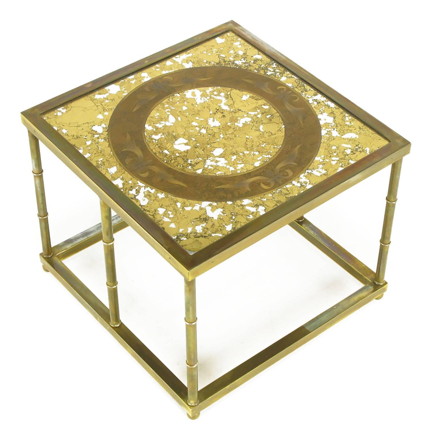 Late 20th Century Pair of Mastercraft Patinated Brass and Églomisé Glass End Tables