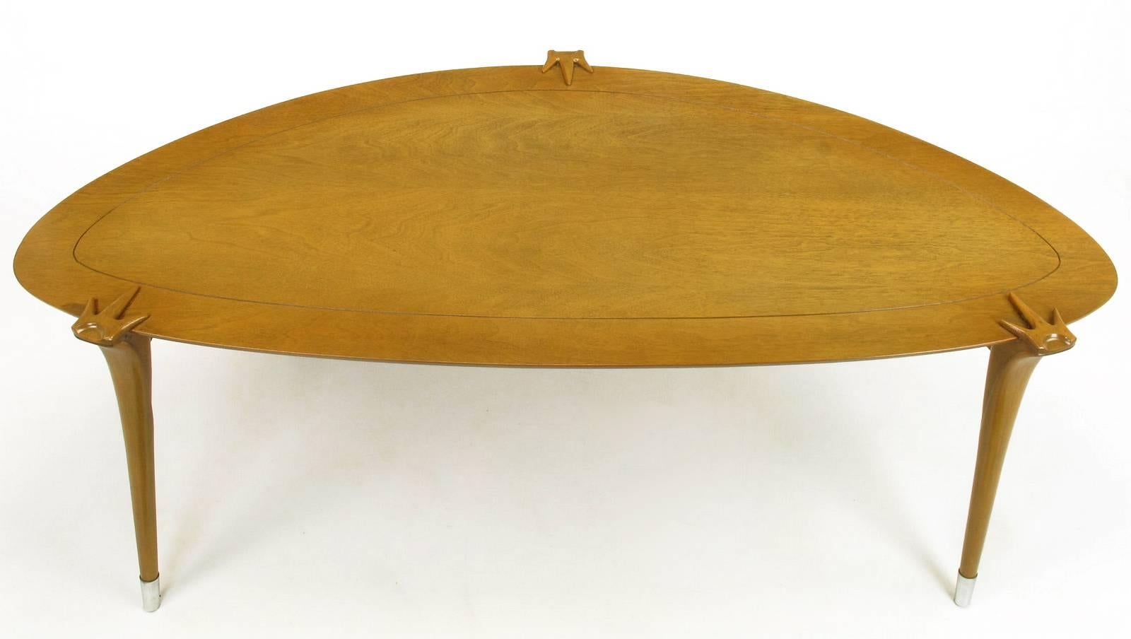 Bleached 1950s Walnut Triangular Coffee Table with Talon-Clasp Legs and Aluminum Sabots