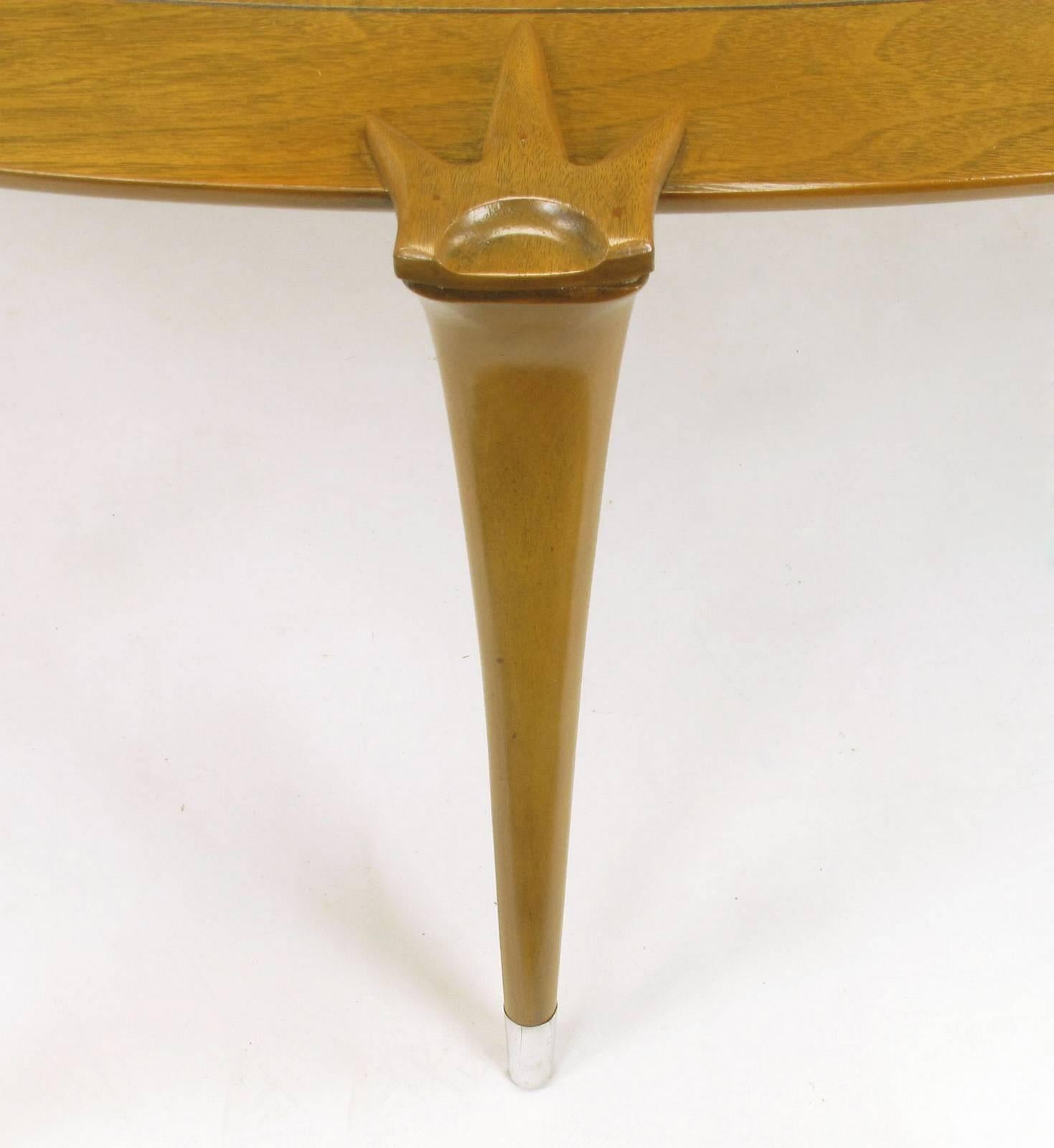 Mid-20th Century 1950s Walnut Triangular Coffee Table with Talon-Clasp Legs and Aluminum Sabots