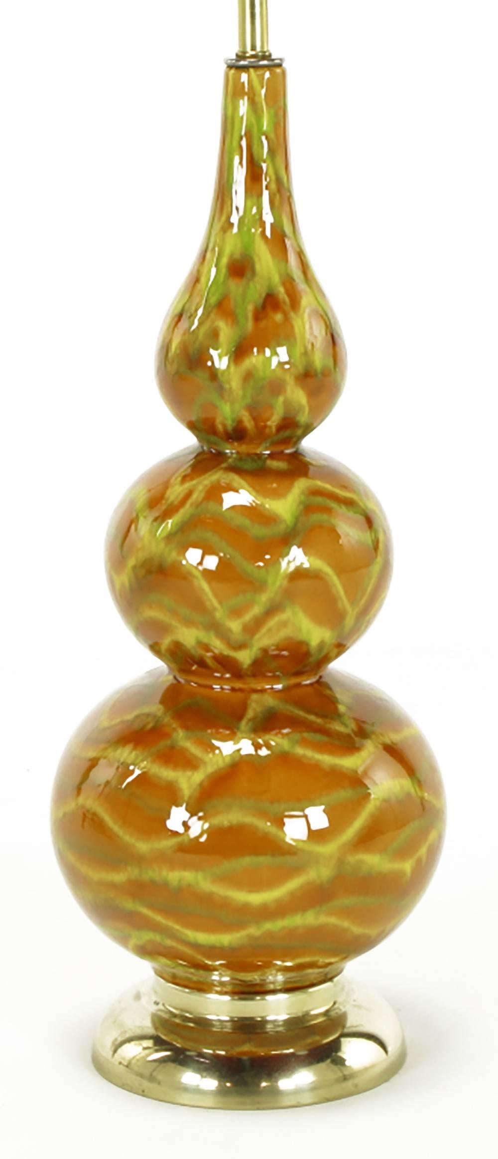 American Pair of Caramel Glazed Ceramic Triple Gourd Form Table Lamps For Sale