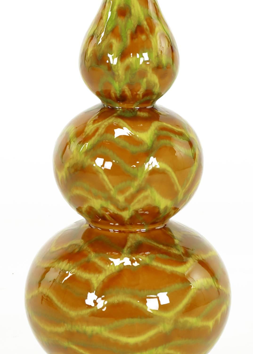Pair of Caramel Glazed Ceramic Triple Gourd Form Table Lamps In Excellent Condition For Sale In Chicago, IL