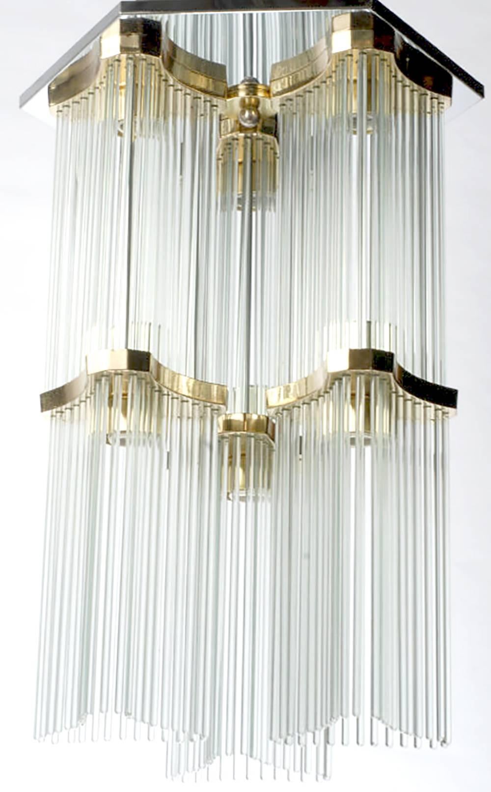 Italian Gaetano Sciolari for Lightolier Two-Tiered Glass Rod and Brass Chandelier For Sale