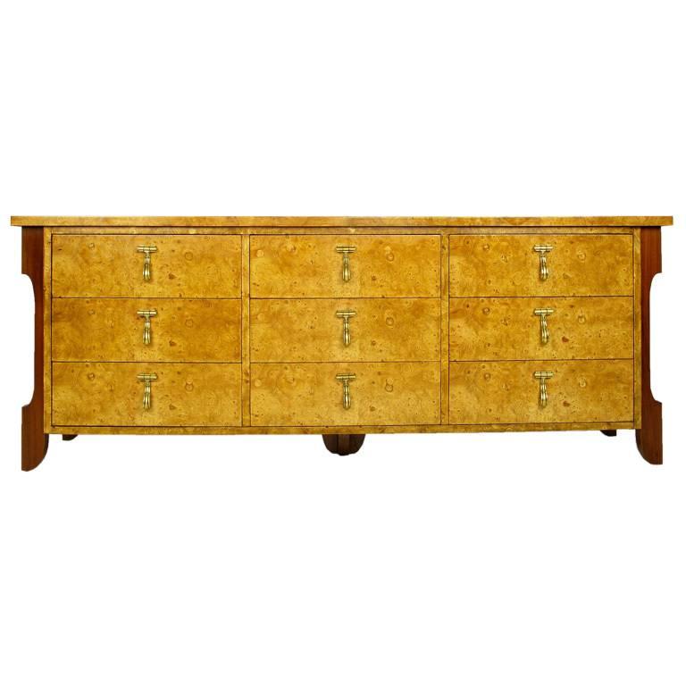 Mastercraft Burl and Walnut Dresser with Substantial Brass Pulls 2