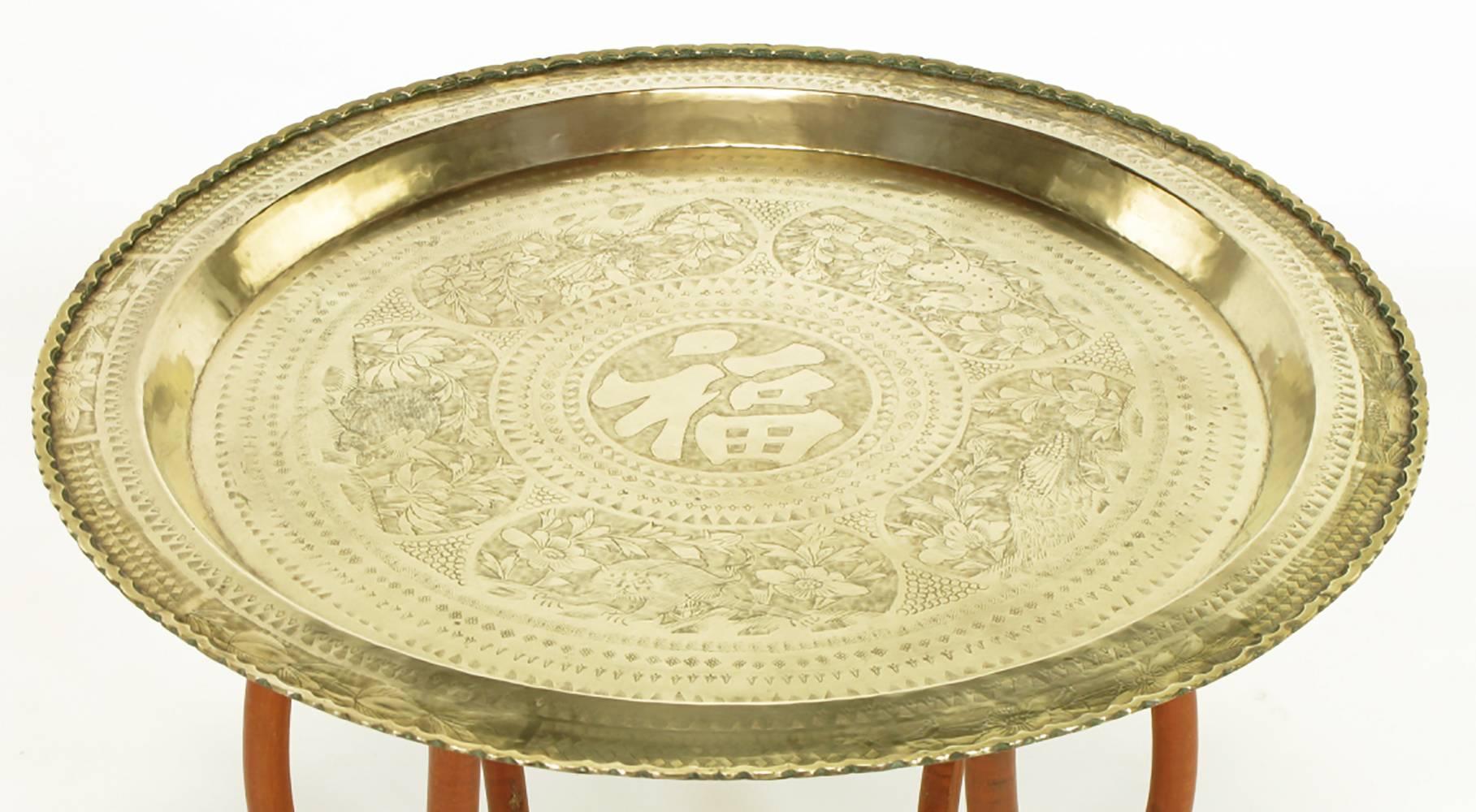 Indian Asian Engraved Brass Charger Folding Tray Table For Sale