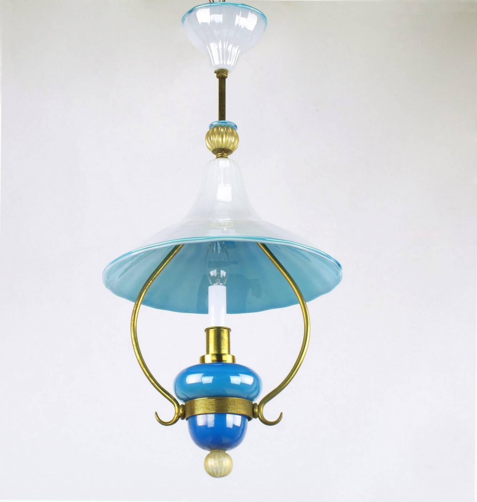 Italian Murano Blue and White Cased Glass Hooded Pendant Chandelier In Good Condition In Chicago, IL