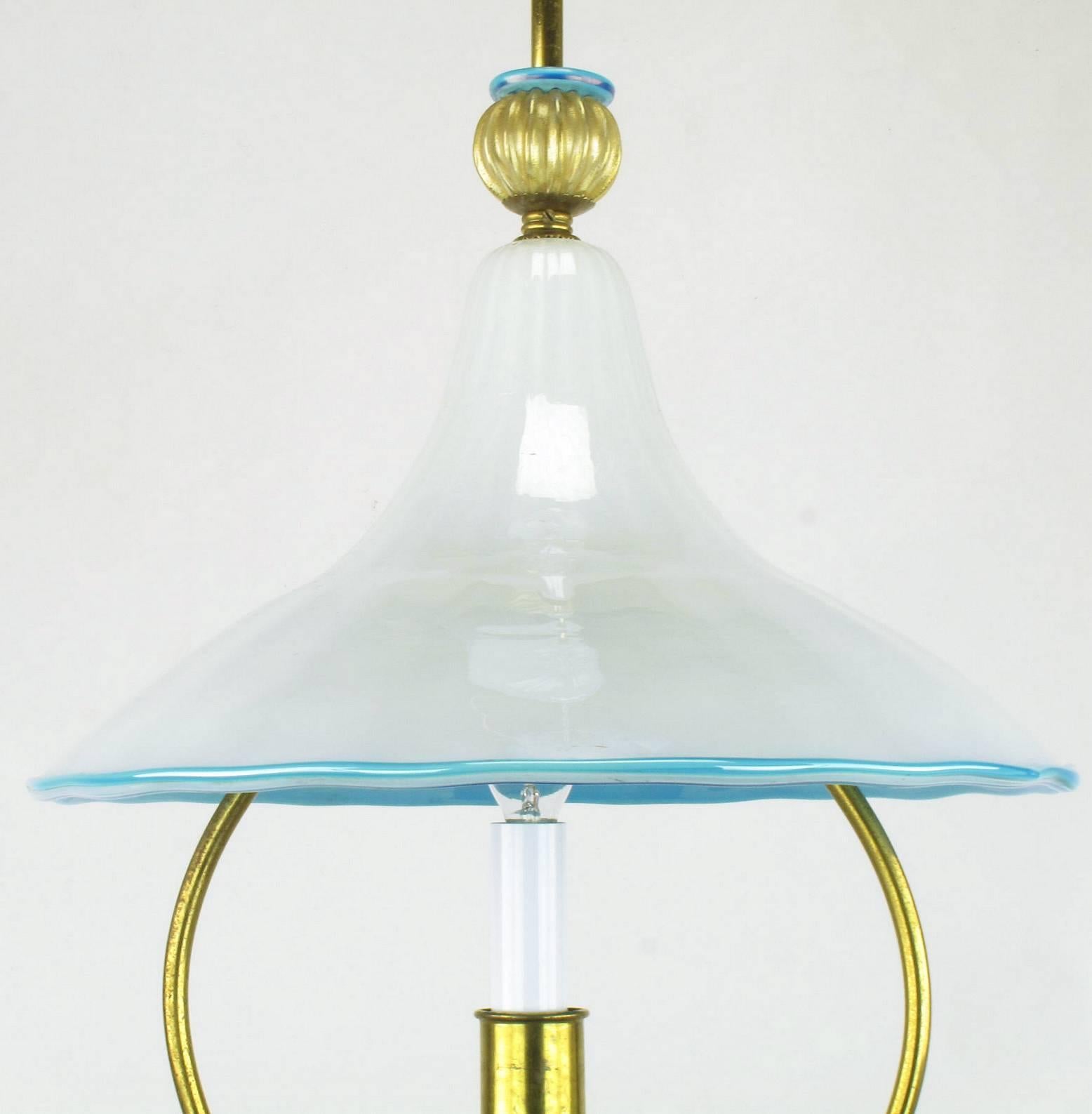 Brass Italian Murano Blue and White Cased Glass Hooded Pendant Chandelier
