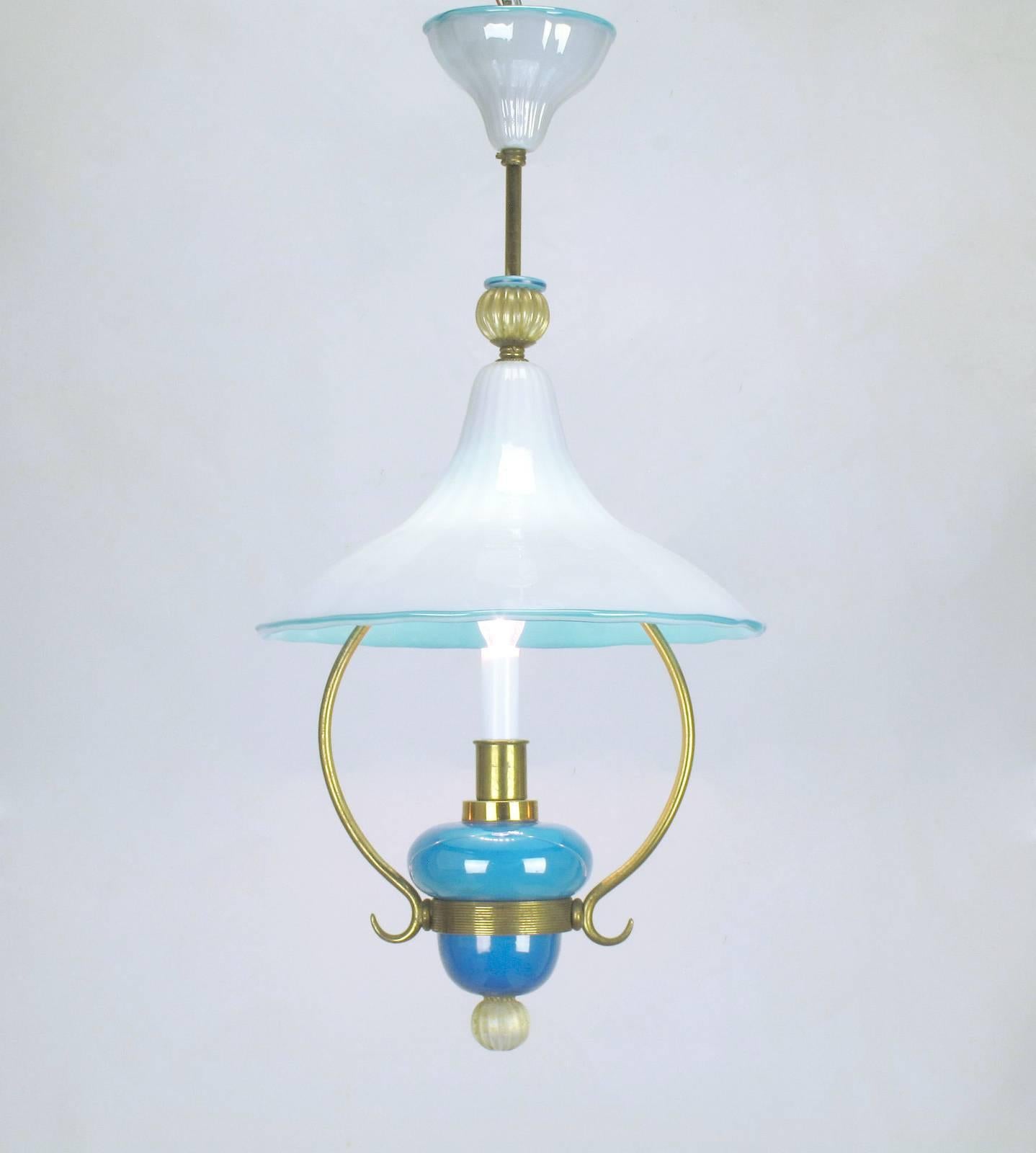 Italian Murano Blue and White Cased Glass Hooded Pendant Chandelier 2