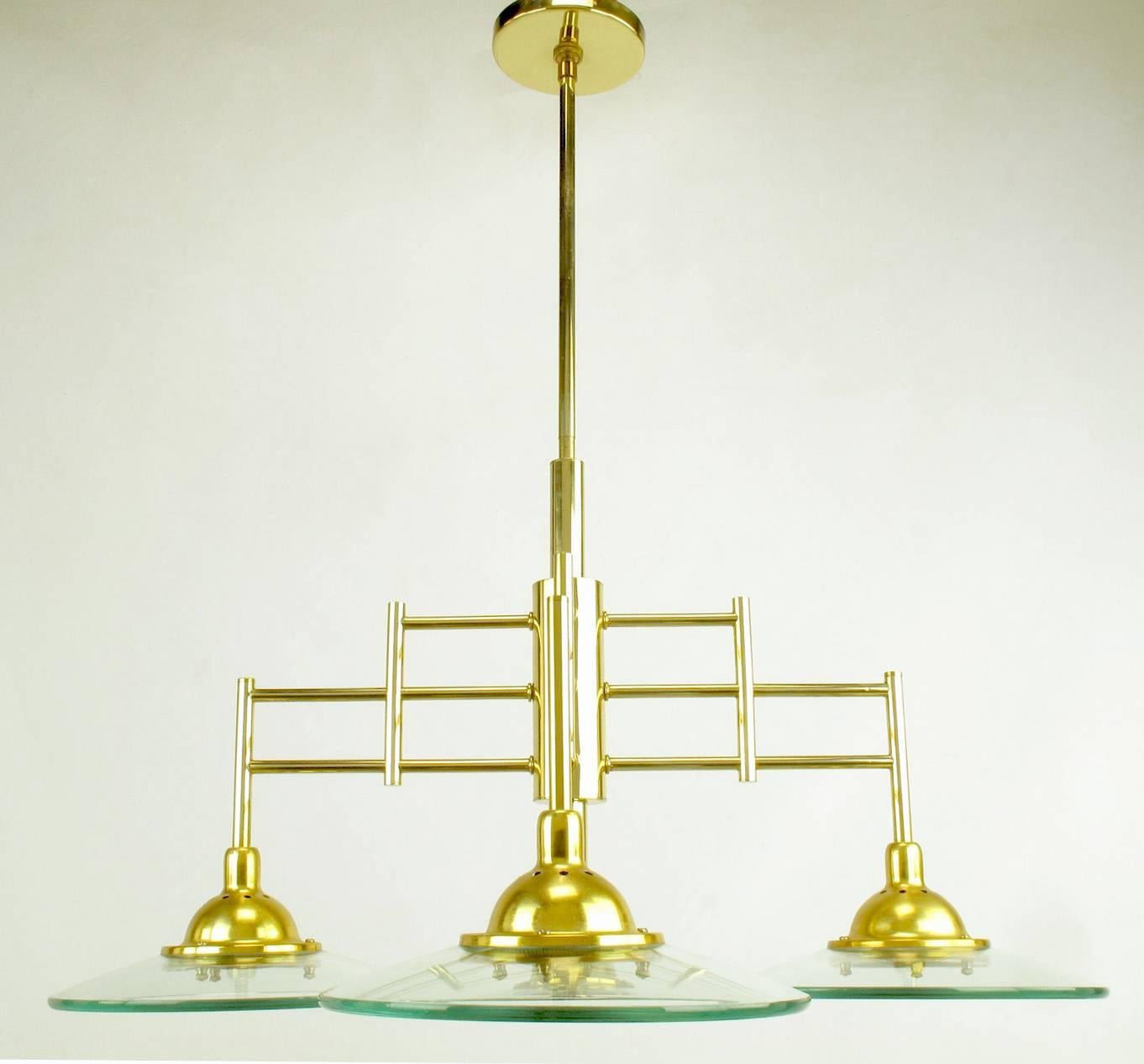 North American Architectural Four-Light Brass and Glass Pendant Halogen Chandelier For Sale