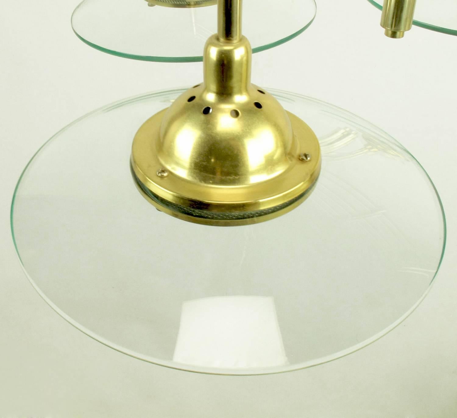 Architectural Four-Light Brass and Glass Pendant Halogen Chandelier In Good Condition For Sale In Chicago, IL